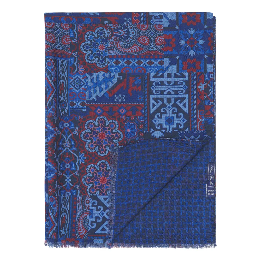 Red and Blue Sicilian Mosaic Double Face Wool Scarf