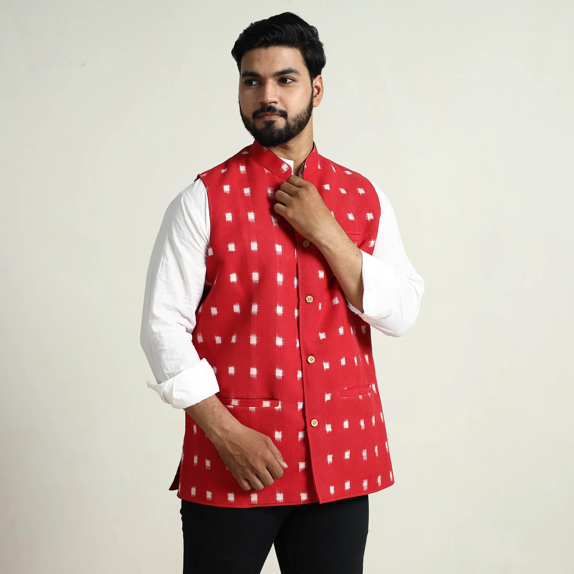 Red - Pochampally Double Ikat Handloom Cotton Men Nehru Jacket 02