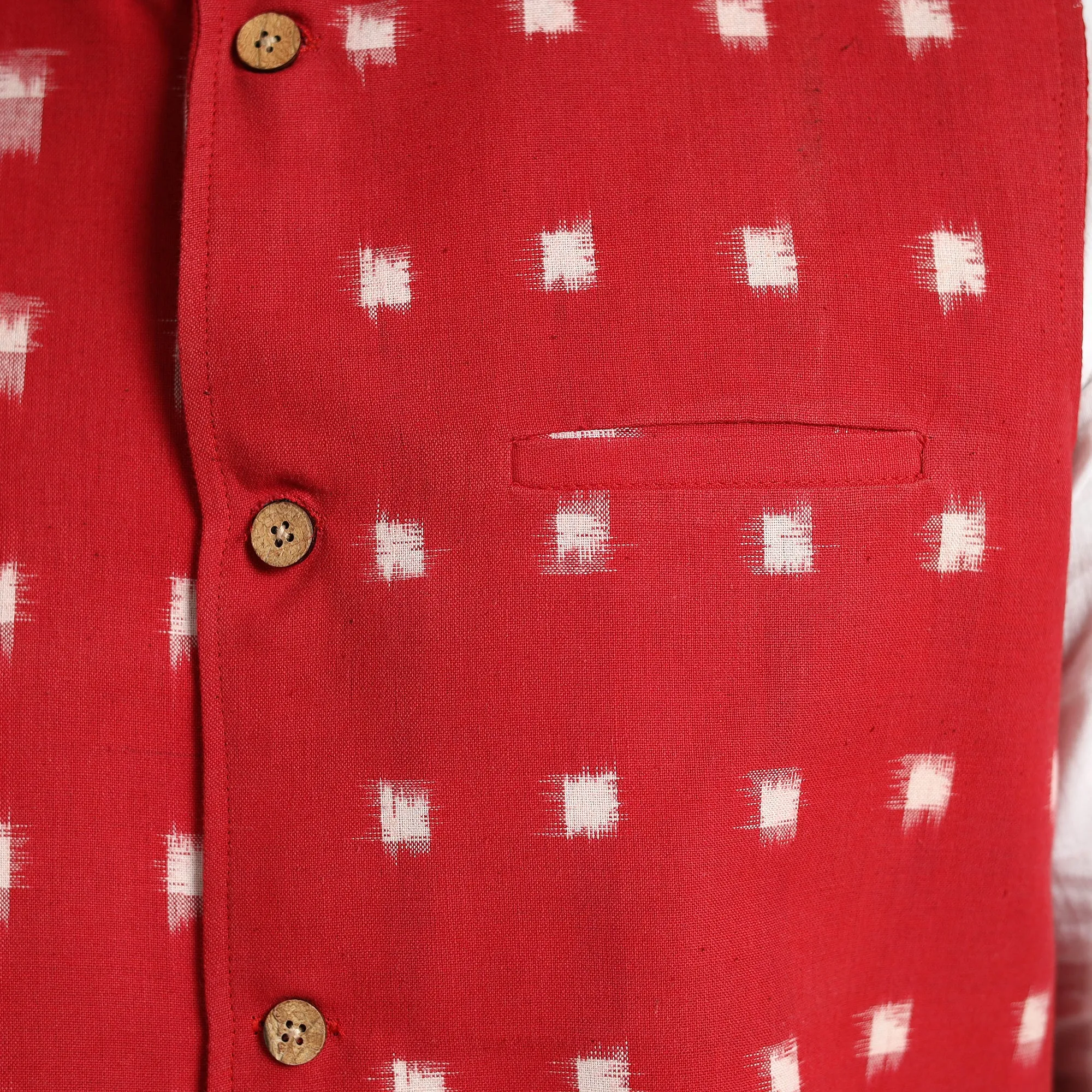 Red - Pochampally Double Ikat Handloom Cotton Men Nehru Jacket 02