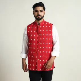 Red - Pochampally Double Ikat Handloom Cotton Men Nehru Jacket 02