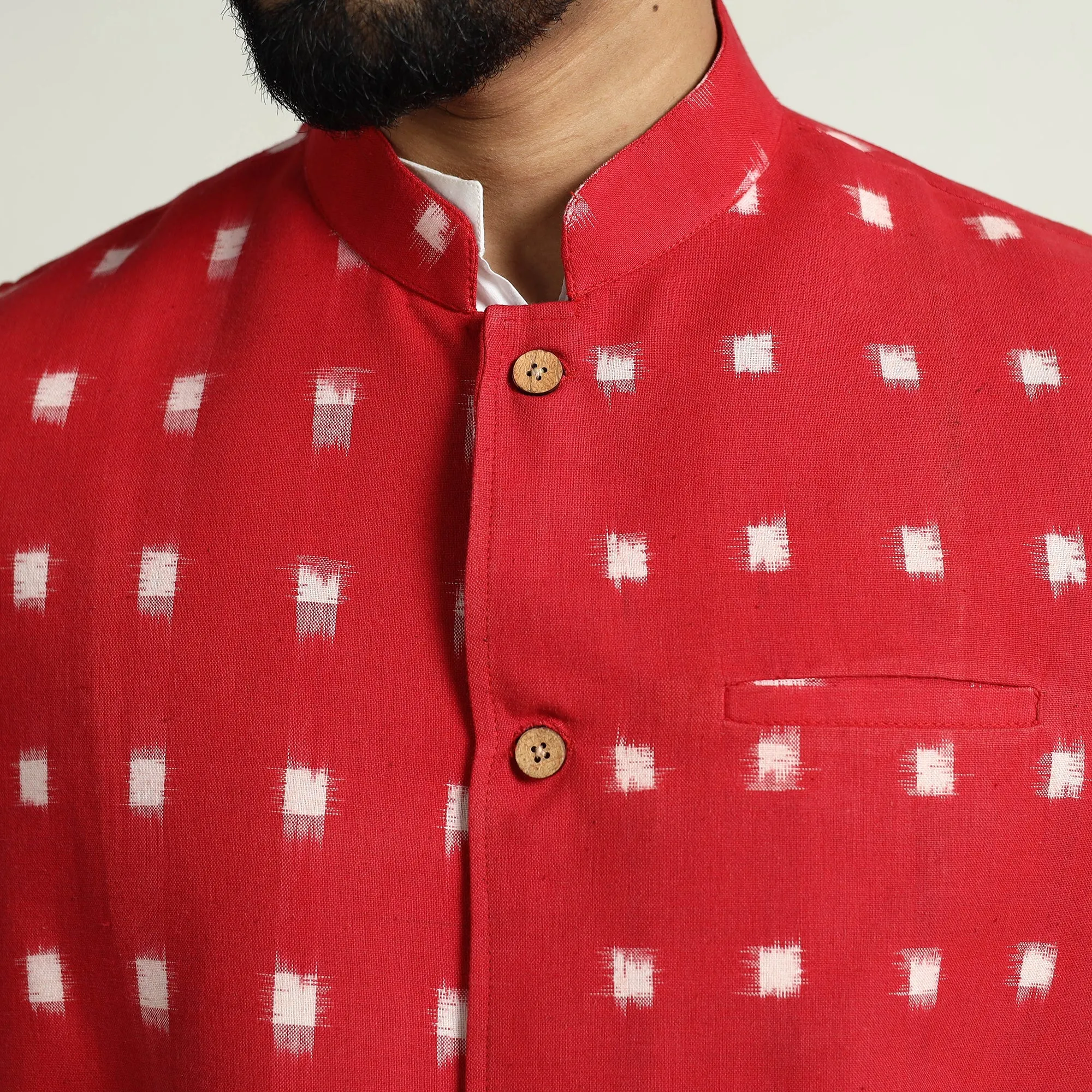 Red - Pochampally Double Ikat Handloom Cotton Men Nehru Jacket 02