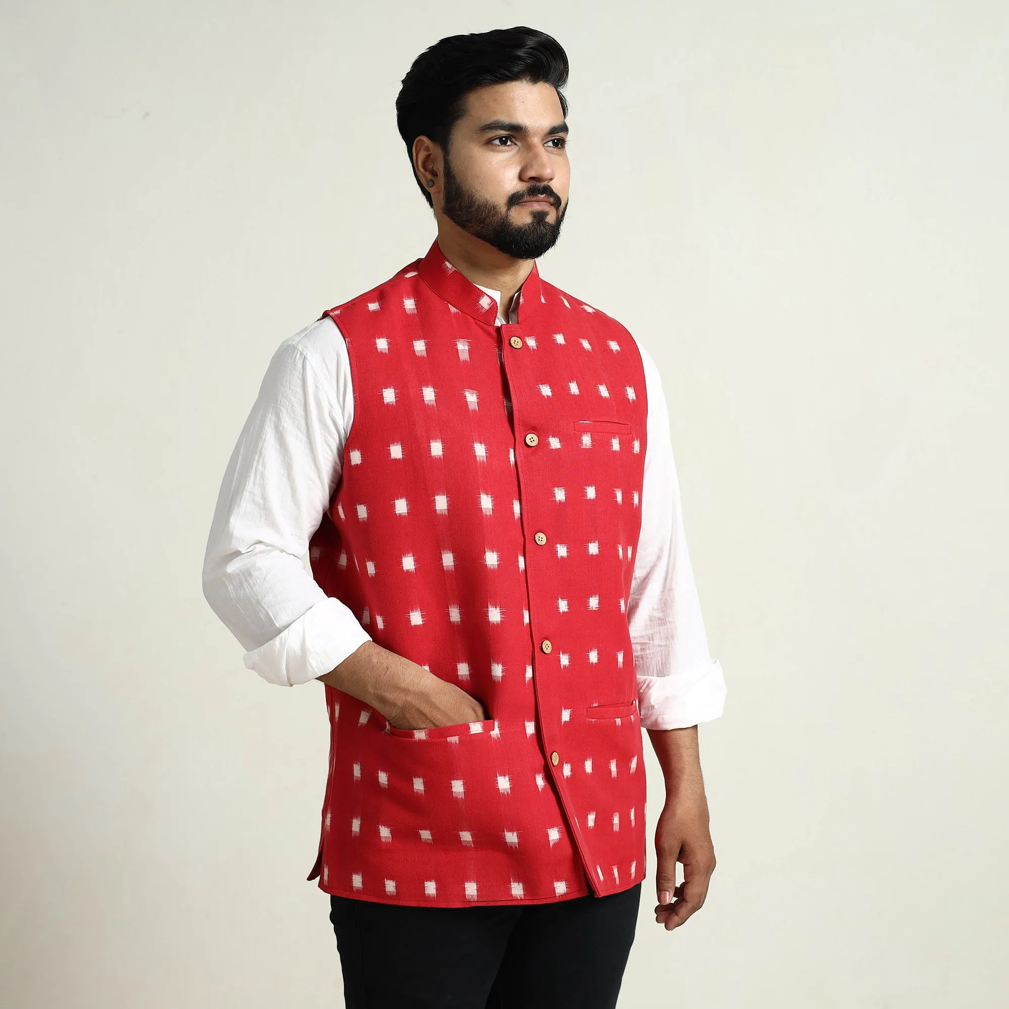 Red - Pochampally Double Ikat Handloom Cotton Men Nehru Jacket 02