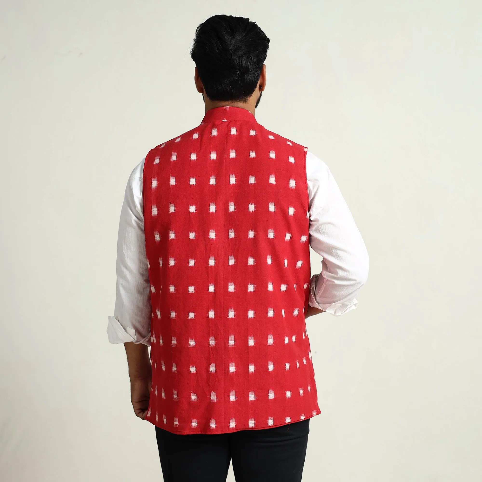 Red - Pochampally Double Ikat Handloom Cotton Men Nehru Jacket 02