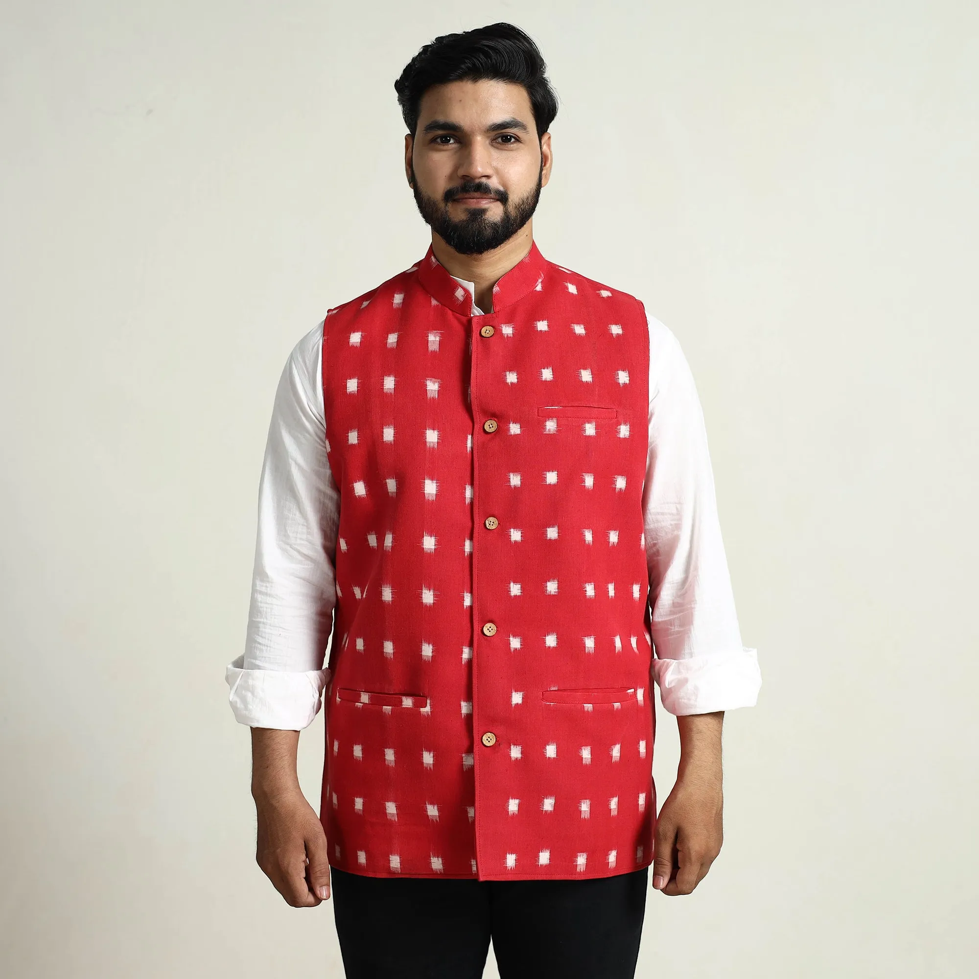 Red - Pochampally Double Ikat Handloom Cotton Men Nehru Jacket 02