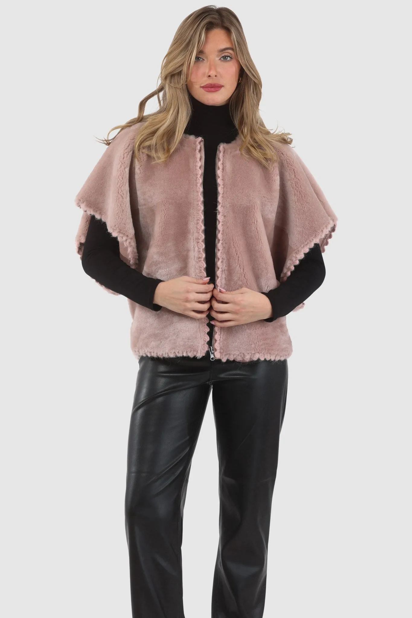 Reversible Select Shearling Lamb Collarless Jacket with Embroidered Trim