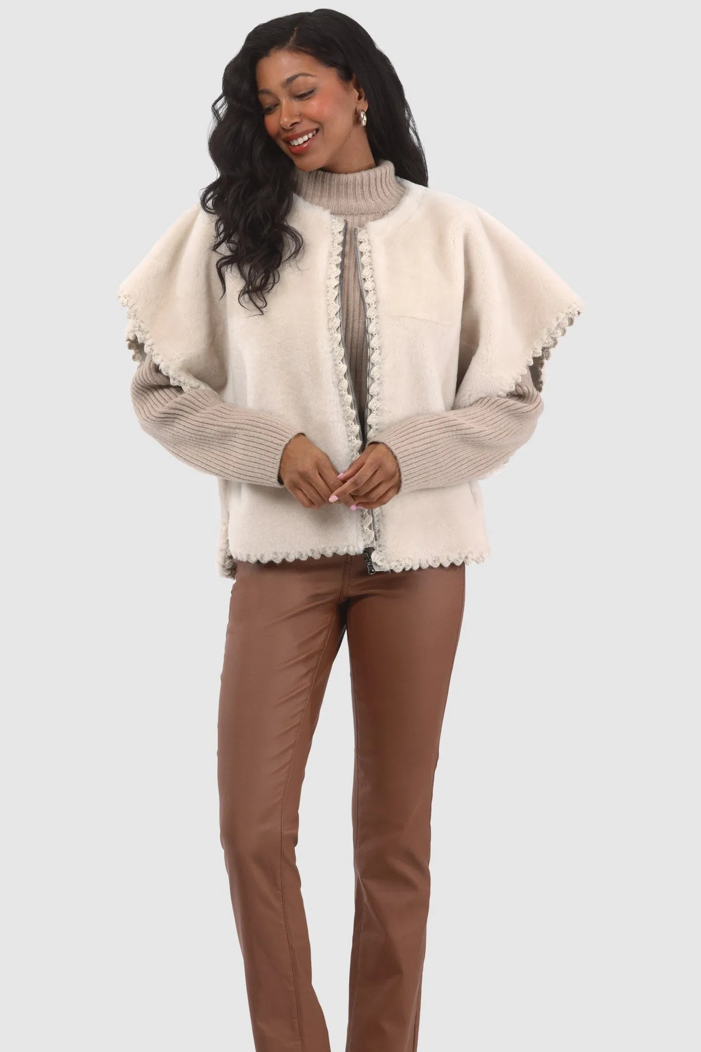 Reversible Select Shearling Lamb Collarless Jacket with Embroidered Trim