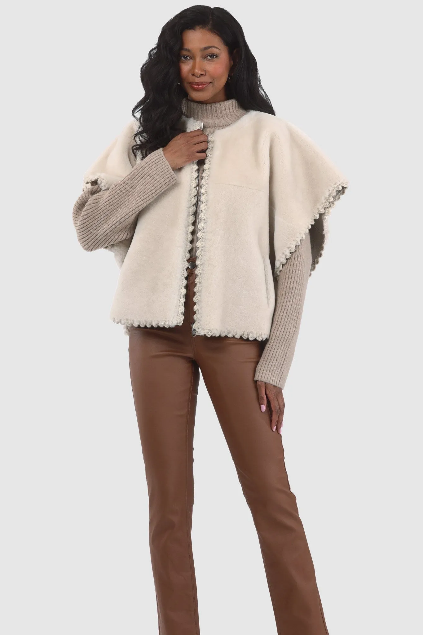 Reversible Select Shearling Lamb Collarless Jacket with Embroidered Trim