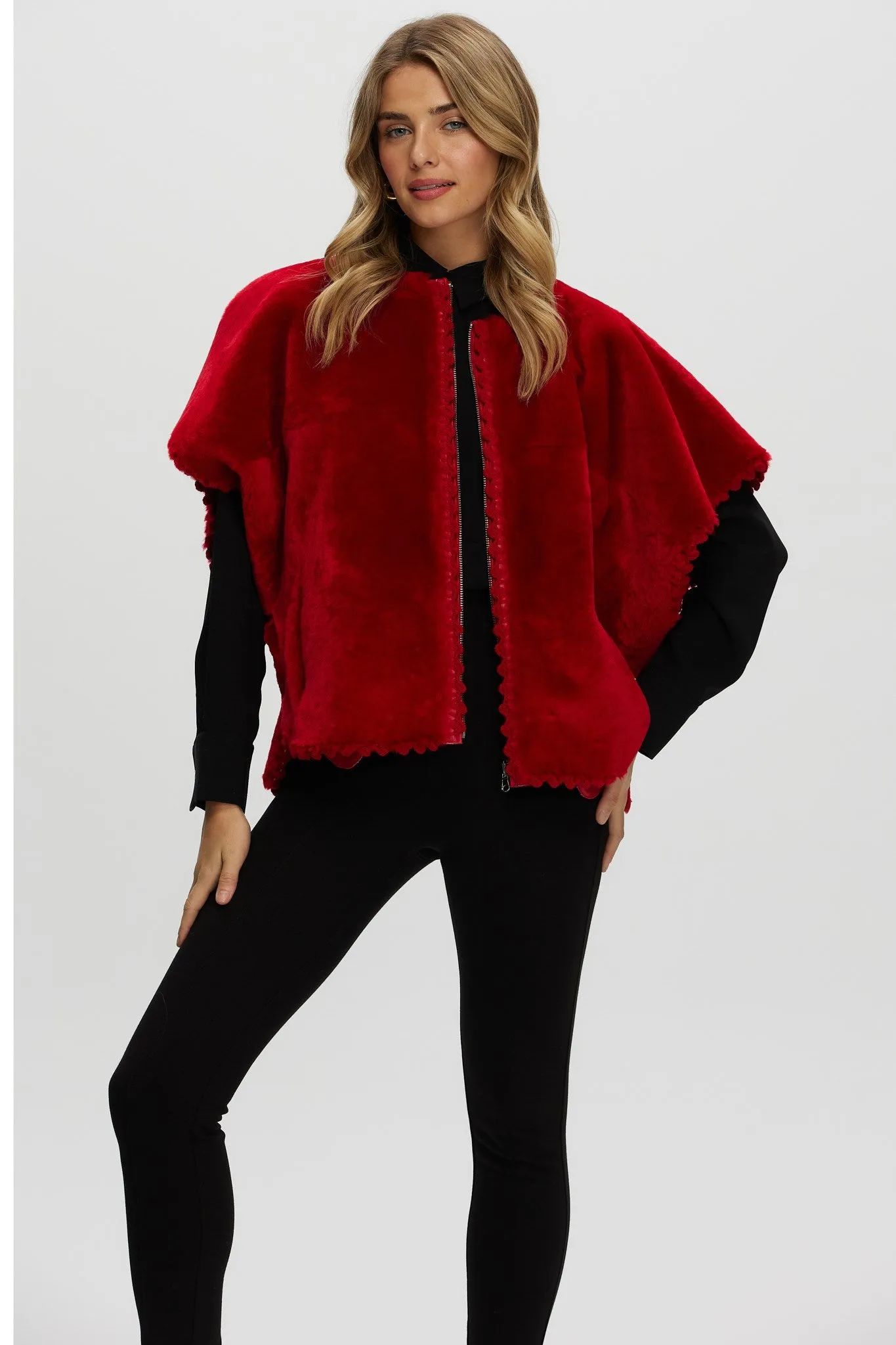 Reversible Select Shearling Lamb Collarless Jacket with Embroidered Trim