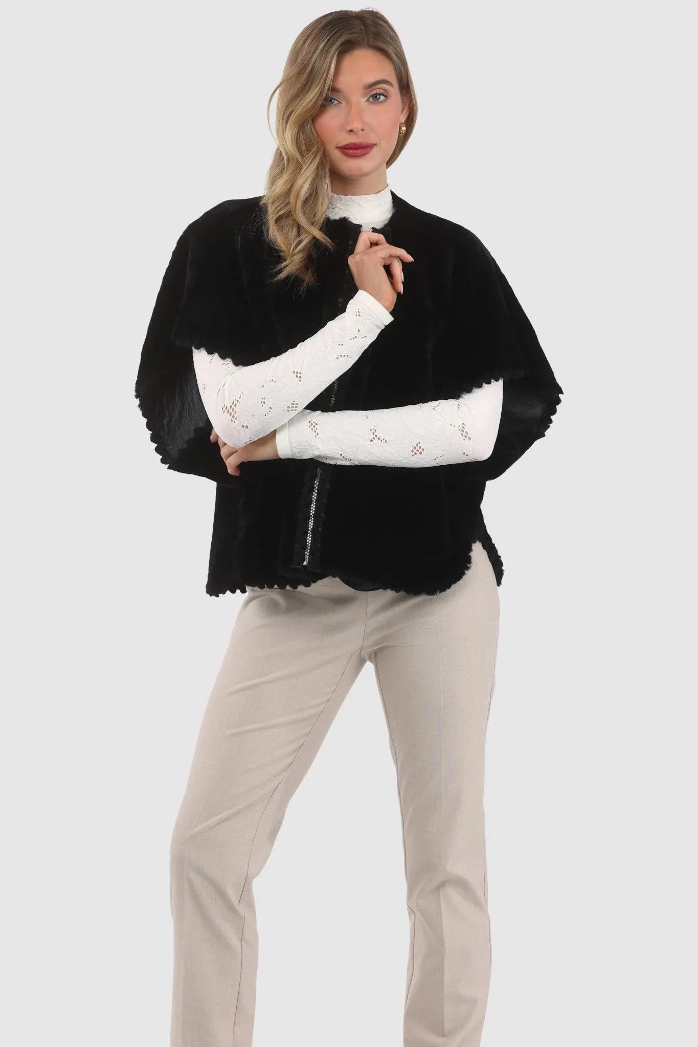 Reversible Select Shearling Lamb Collarless Jacket with Embroidered Trim