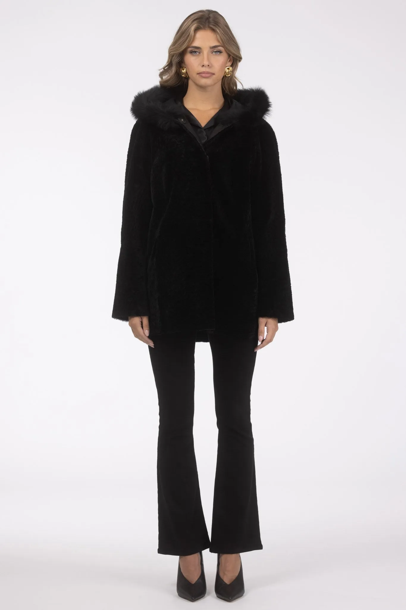 Reversible Textured Shearling Lamb Parka with Merinillo Shearling Lamb Hood Trim