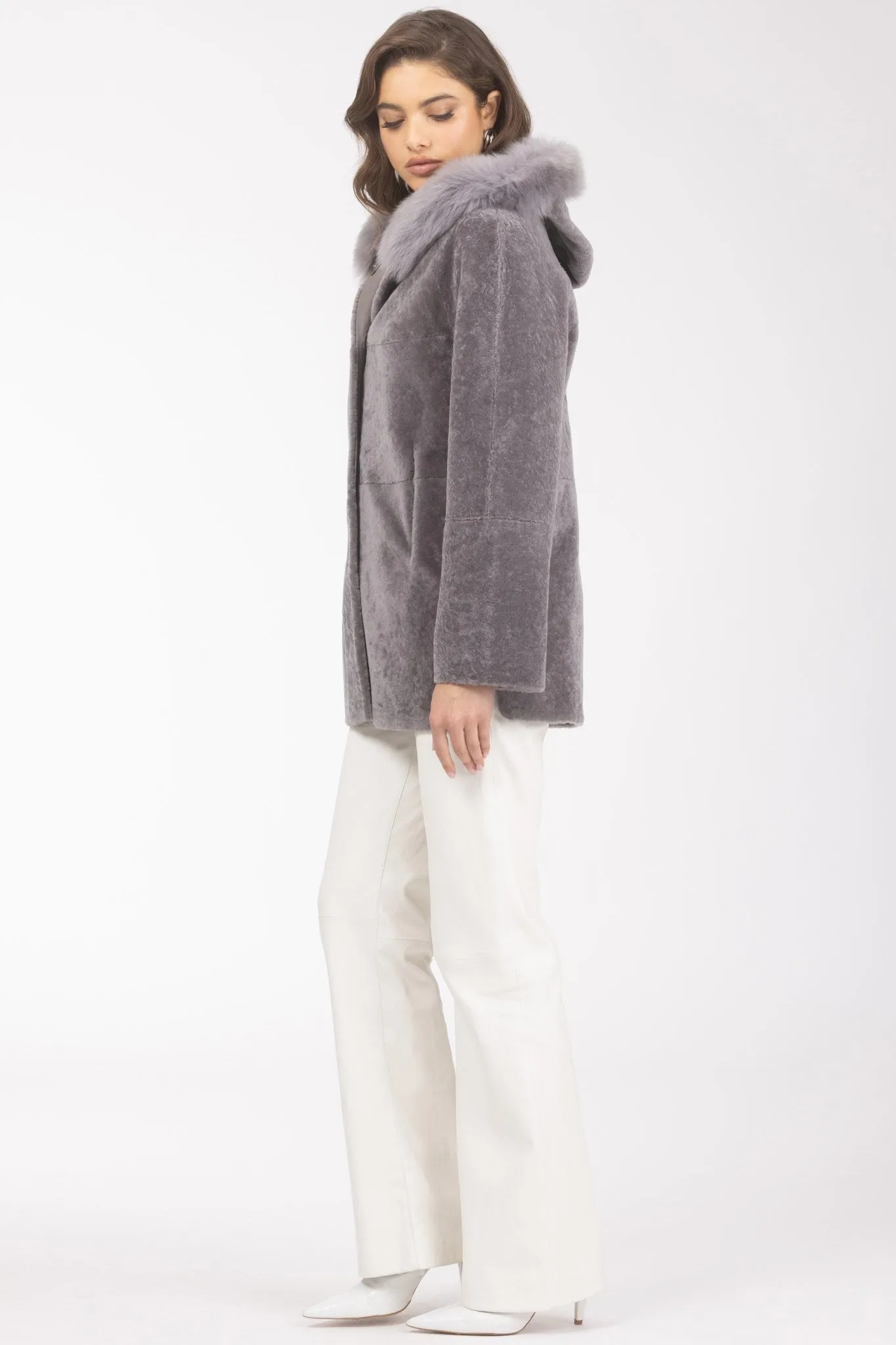 Reversible Textured Shearling Lamb Parka with Merinillo Shearling Lamb Hood Trim