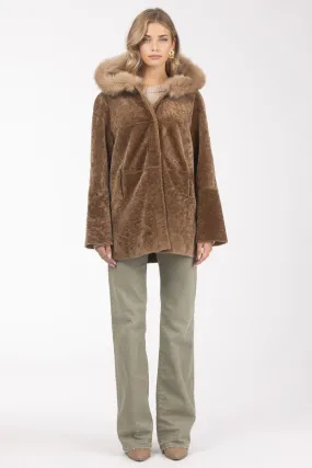 Reversible Textured Shearling Lamb Parka with Merinillo Shearling Lamb Hood Trim