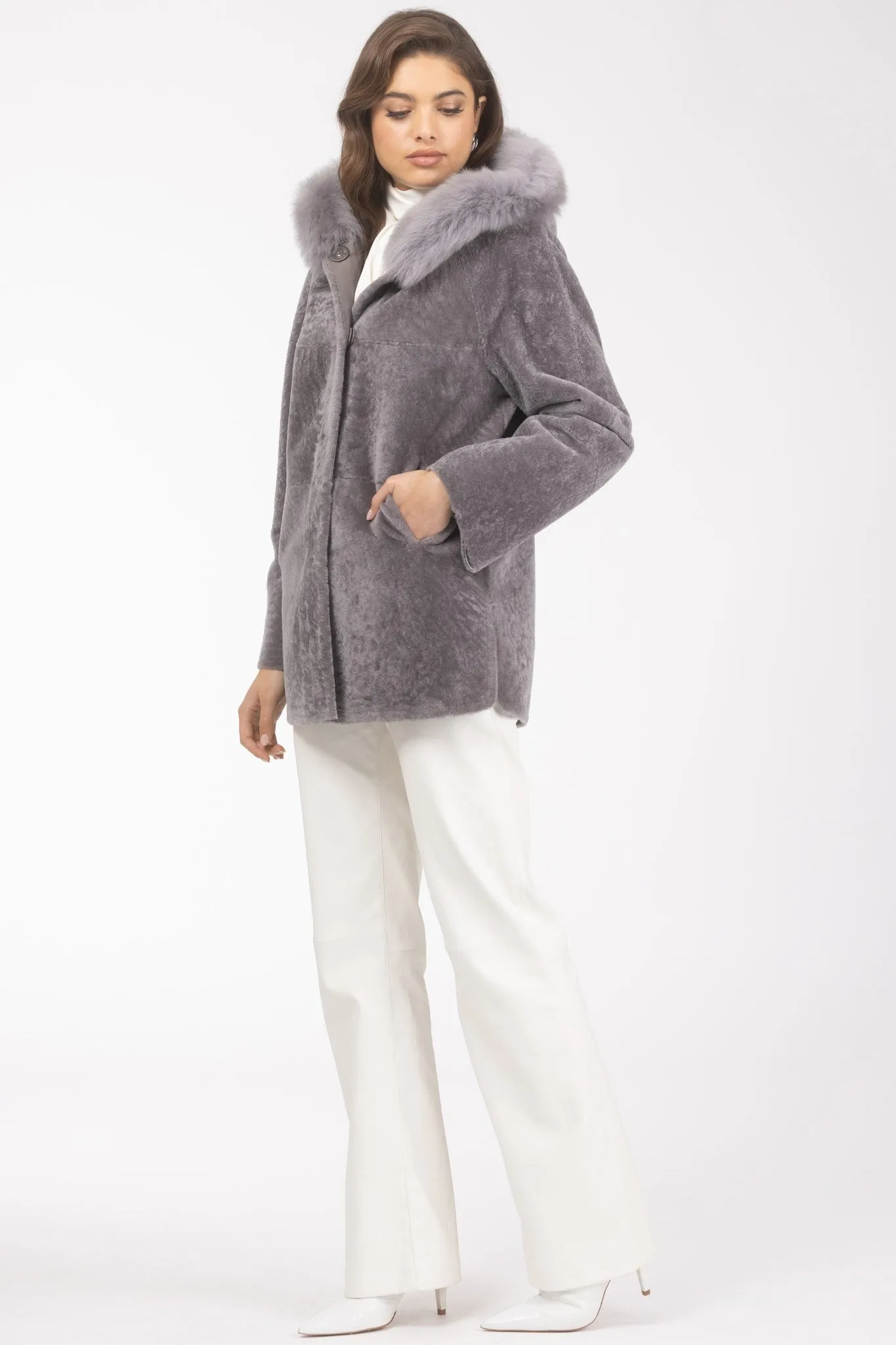 Reversible Textured Shearling Lamb Parka with Merinillo Shearling Lamb Hood Trim