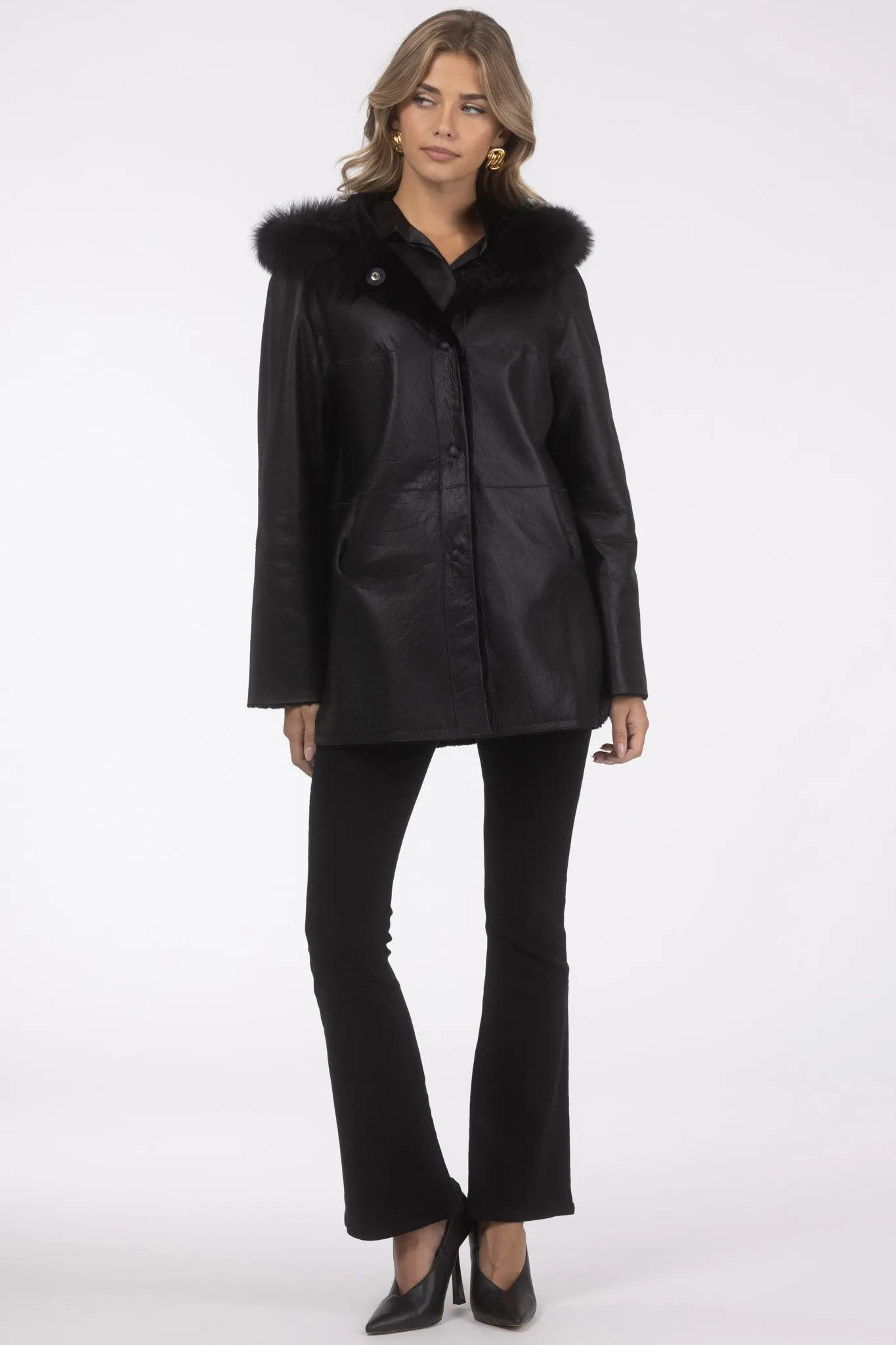 Reversible Textured Shearling Lamb Parka with Merinillo Shearling Lamb Hood Trim