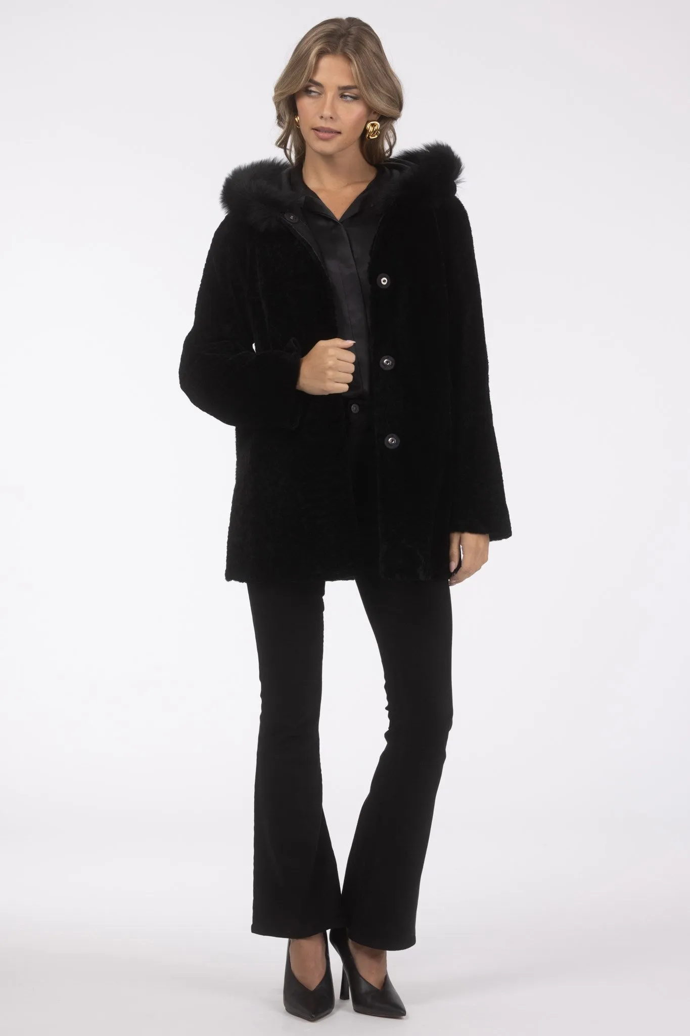 Reversible Textured Shearling Lamb Parka with Merinillo Shearling Lamb Hood Trim