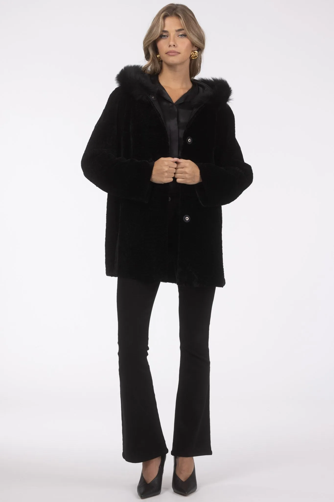 Reversible Textured Shearling Lamb Parka with Merinillo Shearling Lamb Hood Trim