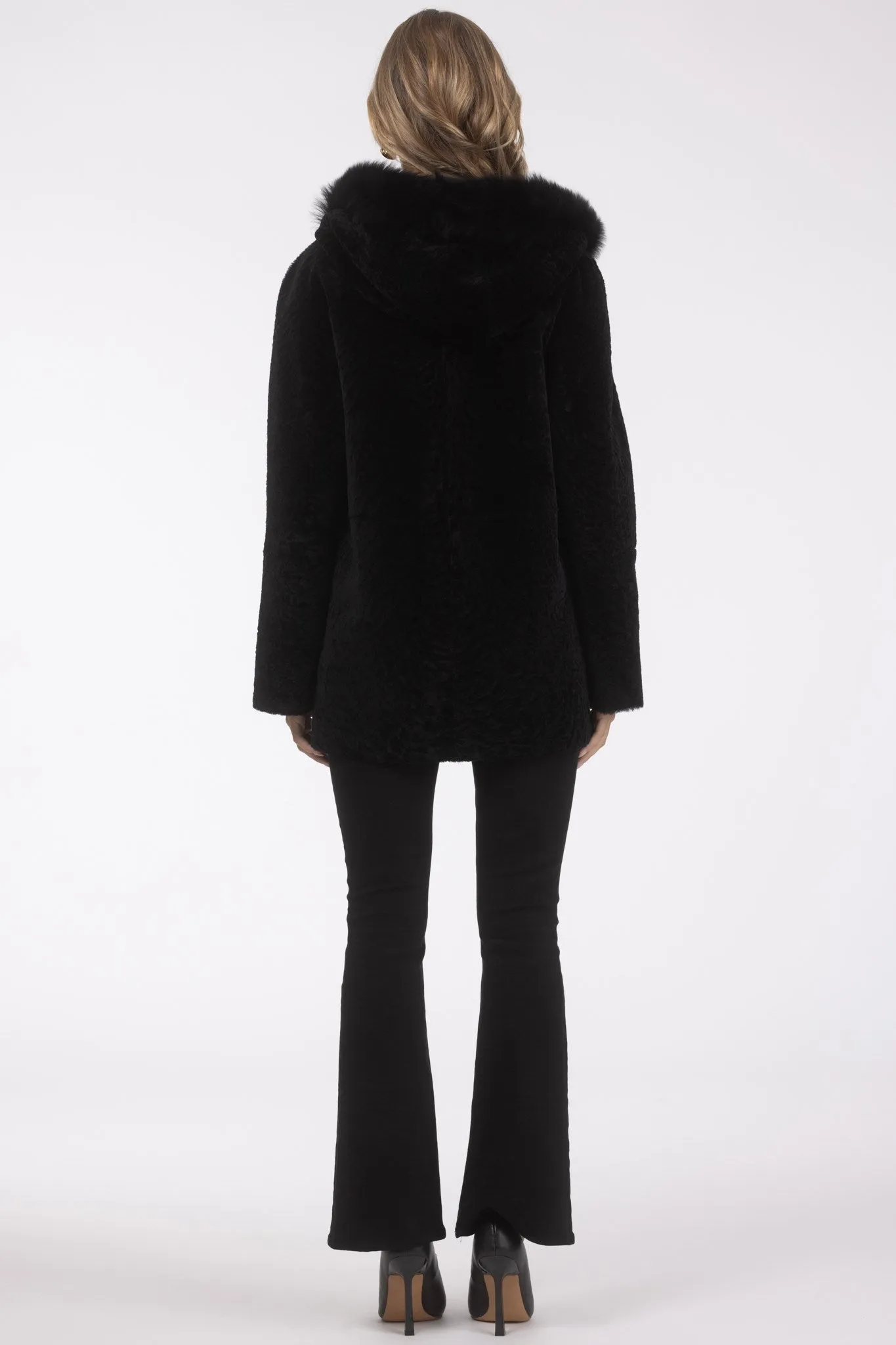 Reversible Textured Shearling Lamb Parka with Merinillo Shearling Lamb Hood Trim