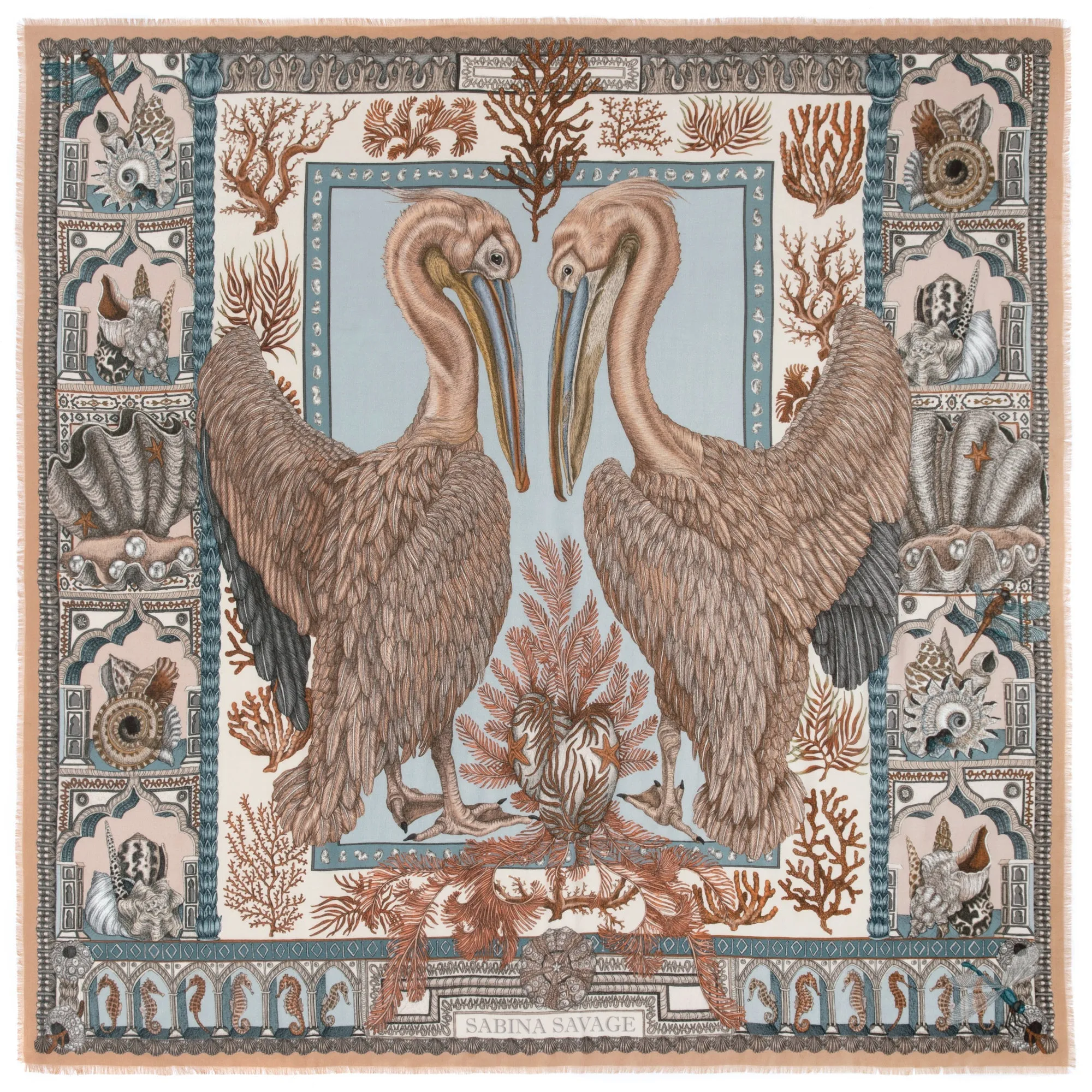 Sabina Savage "The Pelicans and the Sea" Wool/Silk Scarf Coral