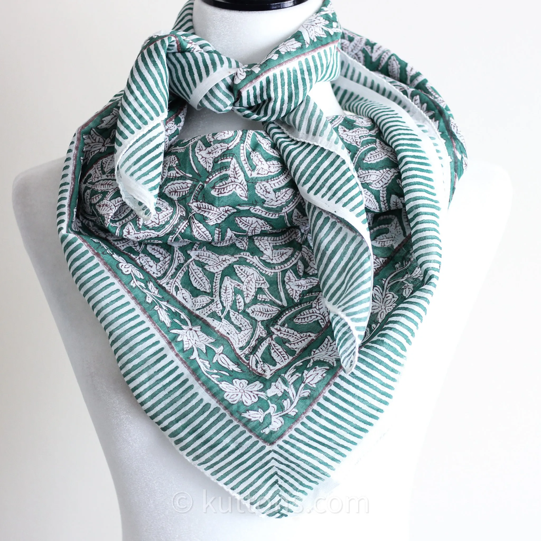 Sanganeri Hand-Block Printed Mul Cotton Bandana - Soft, Lightweight, Airy Scarf | Green, 46x42"