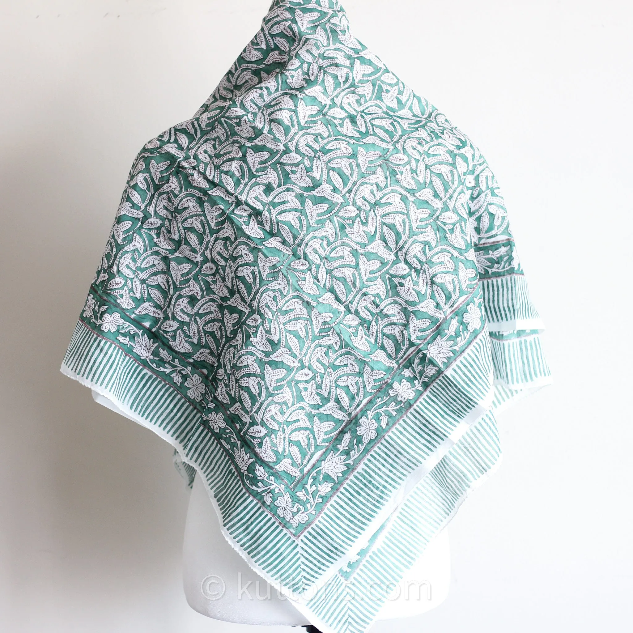 Sanganeri Hand-Block Printed Mul Cotton Bandana - Soft, Lightweight, Airy Scarf | Green, 46x42"