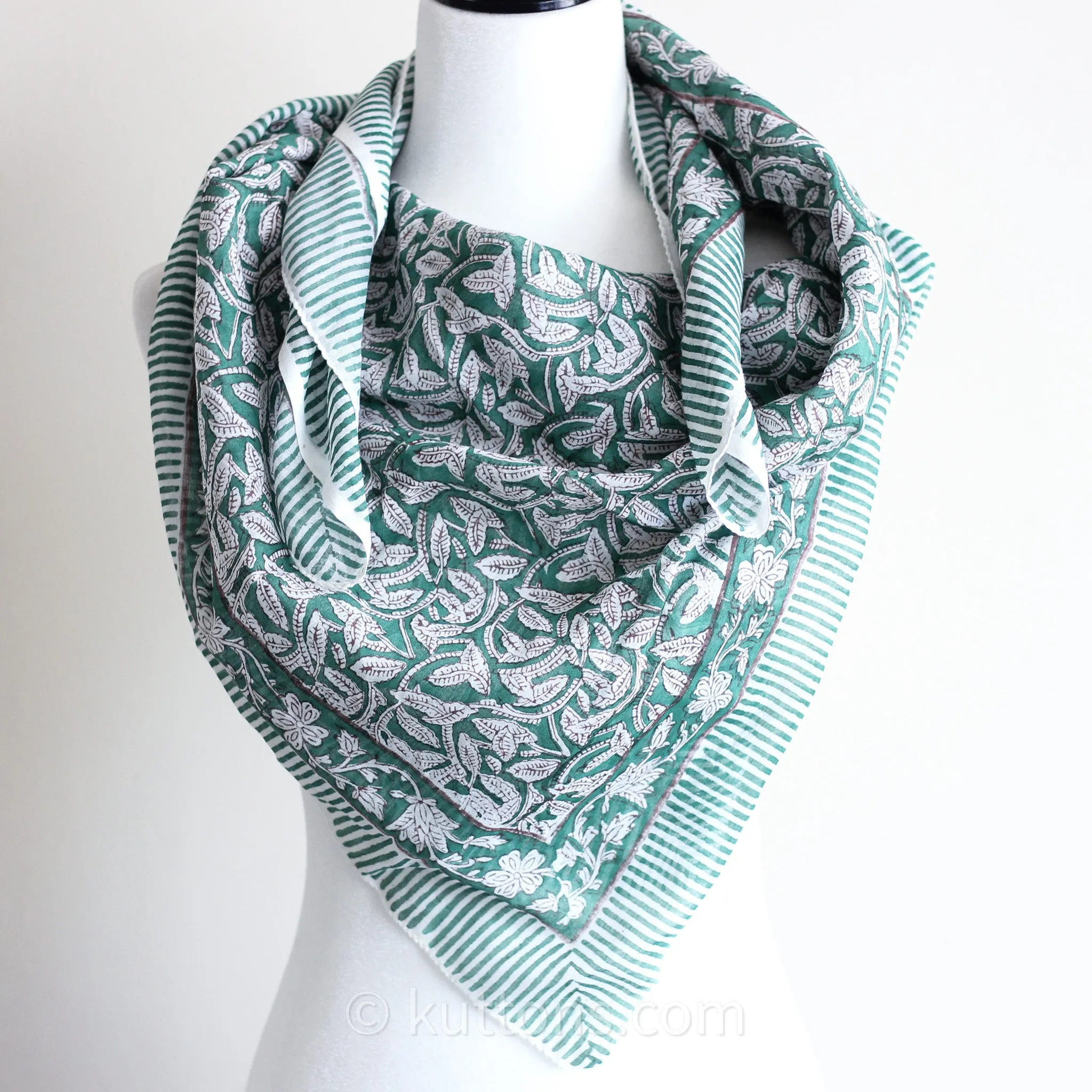 Sanganeri Hand-Block Printed Mul Cotton Bandana - Soft, Lightweight, Airy Scarf | Green, 46x42"