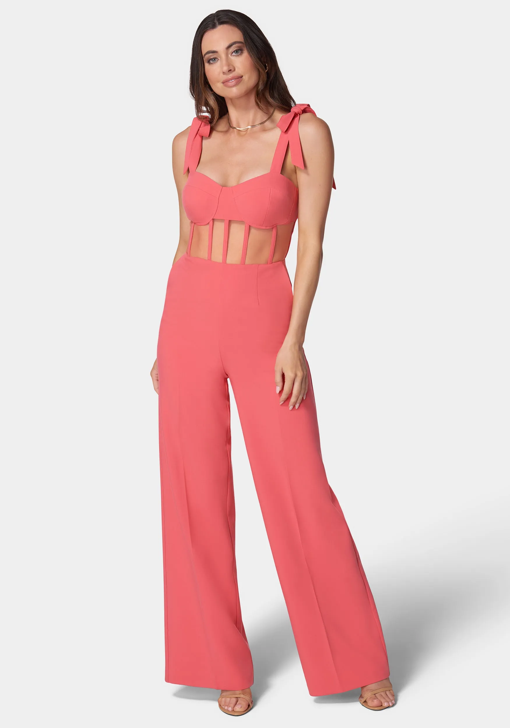 Self Tie Strap Corset Wide Leg Jumpsuit