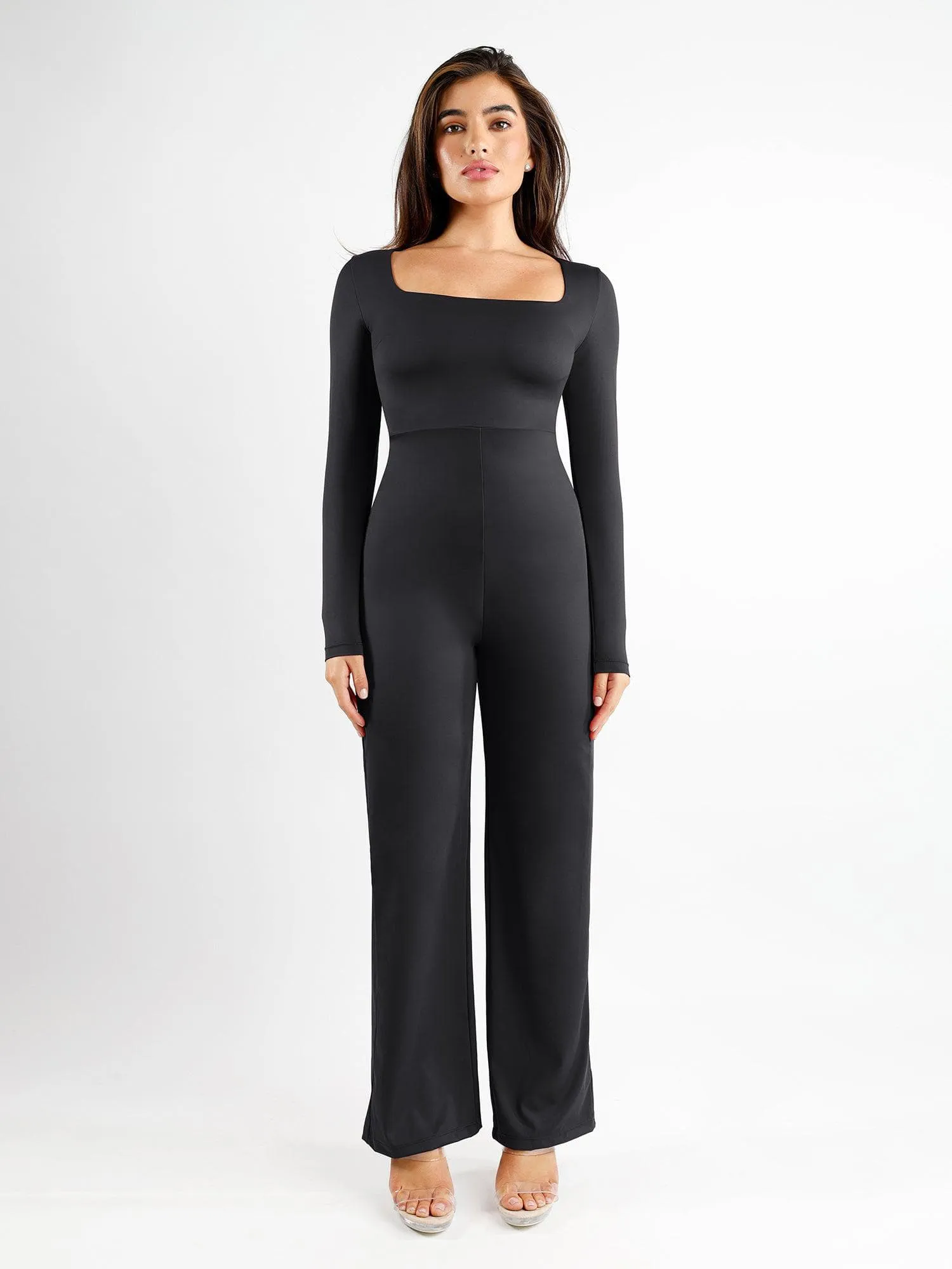 Shapewear Long Sleeve Square Neck Slimming Wide Leg Jumpsuit