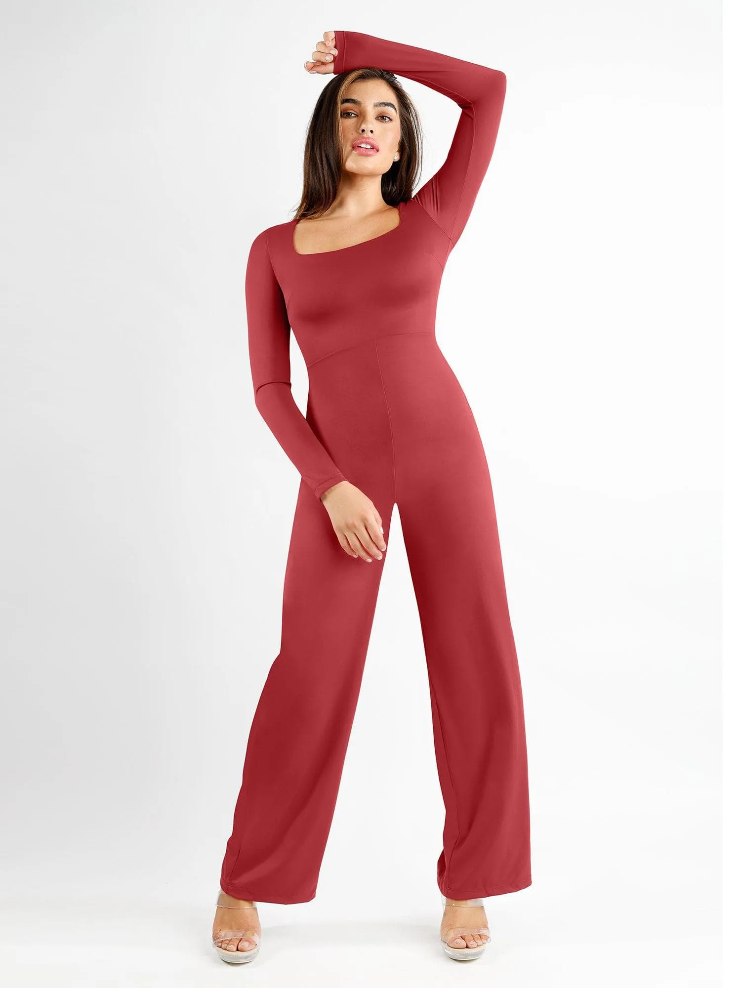 Shapewear Long Sleeve Square Neck Slimming Wide Leg Jumpsuit