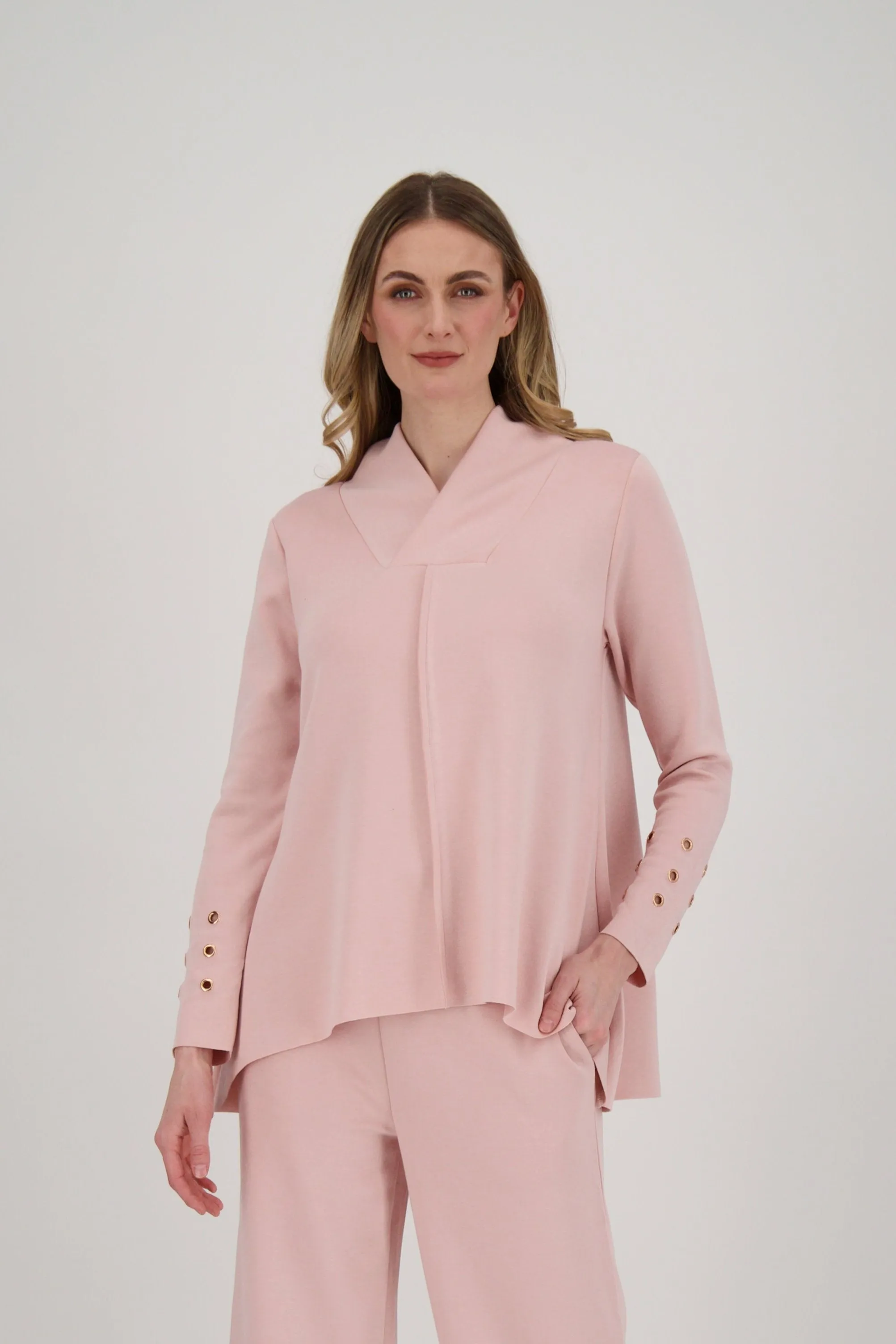 Shawl Collar Top With Grommet Cuffs