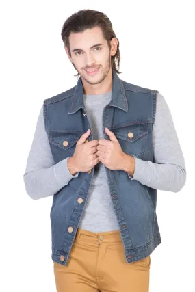 Sleeveless Tinted Blue Men's Denim Jacket with Brass Button