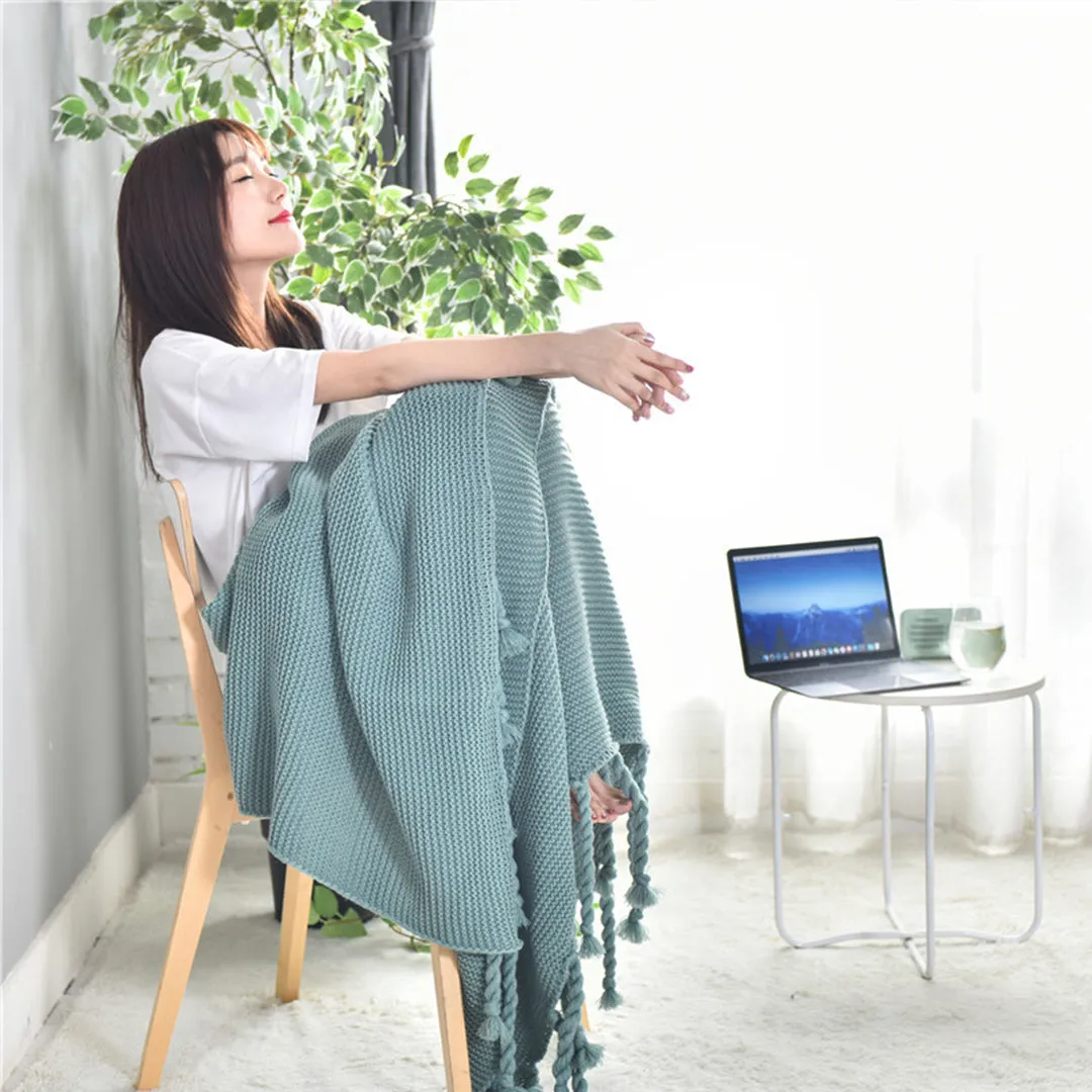 SOGA Green Tassel Fringe Knitting Blanket Warm Cozy Woven Cover Couch Bed Sofa Home Decor