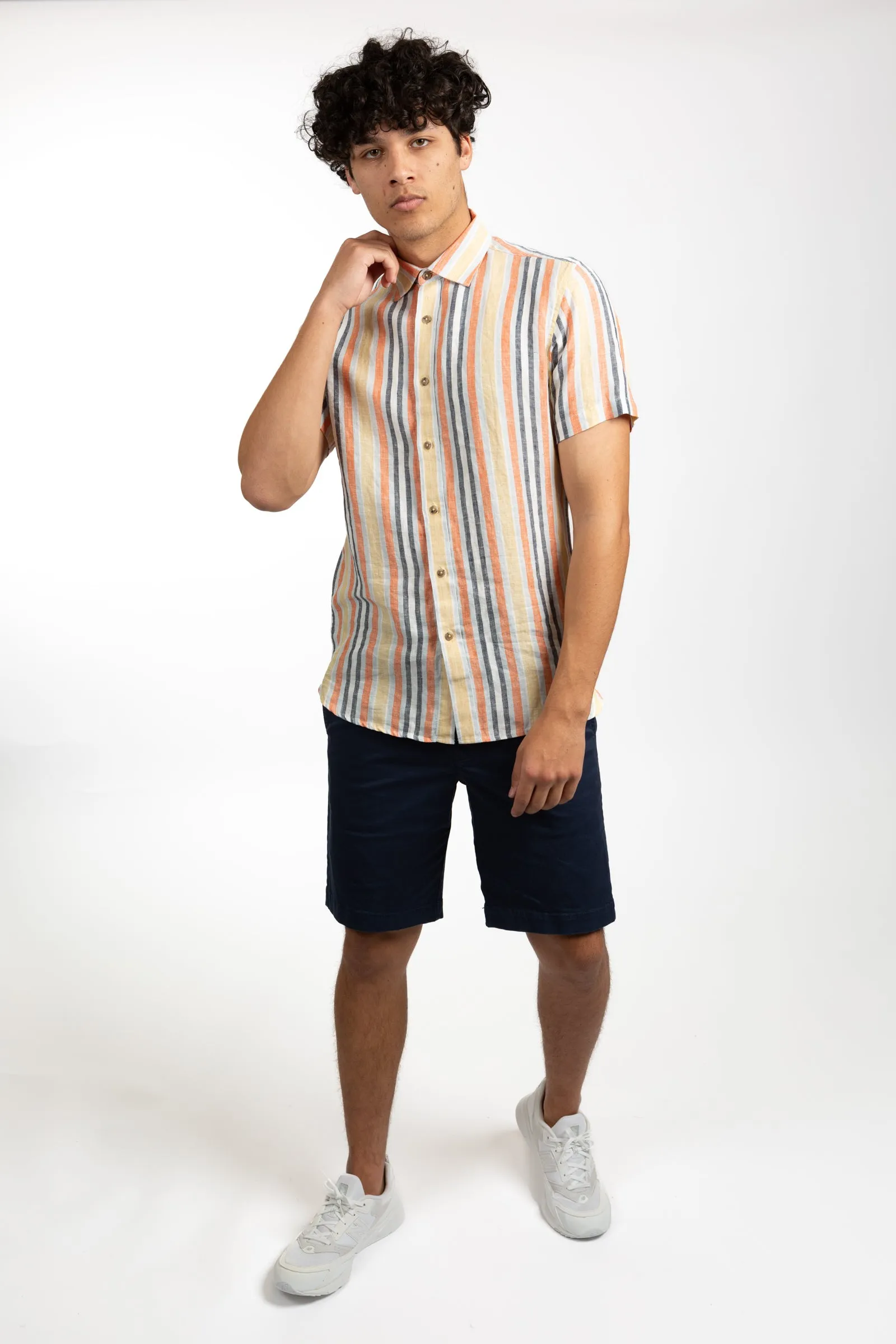 Spicy Orange Short Sleeve Stripe Linen Shirt