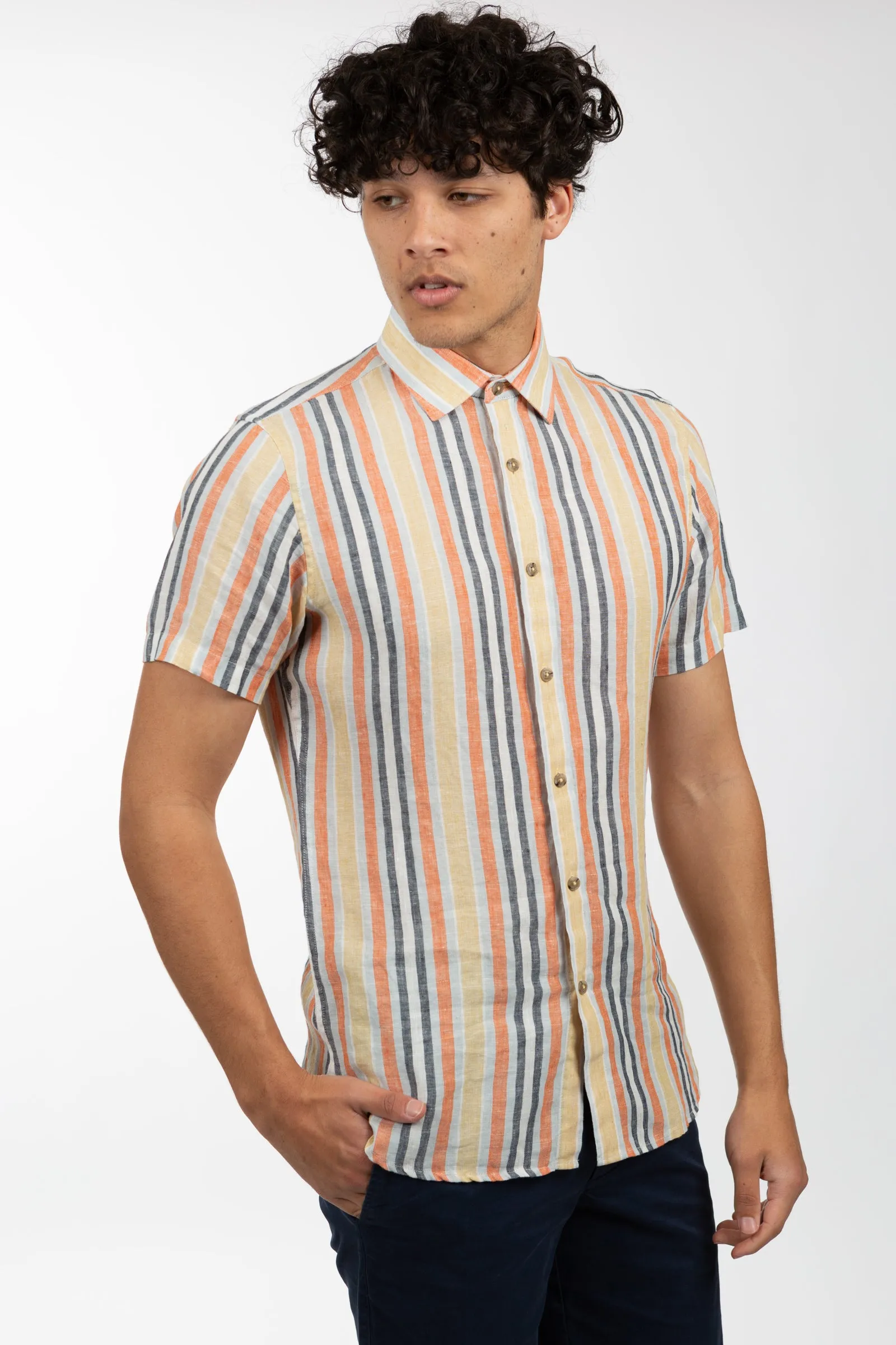 Spicy Orange Short Sleeve Stripe Linen Shirt