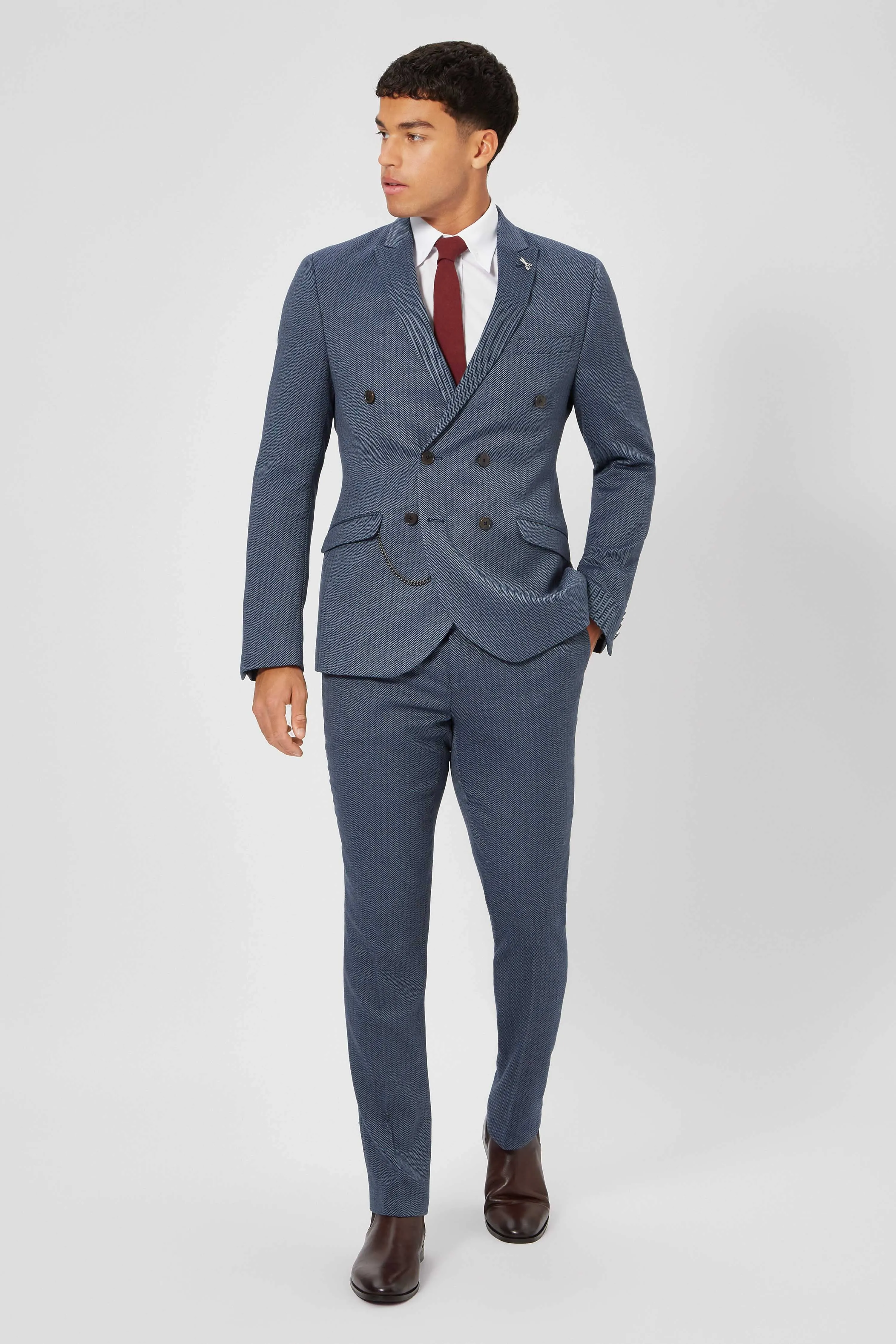 Stamford Slim Fit Blue Herringbone Double Breasted Jacket - ARCHIVE