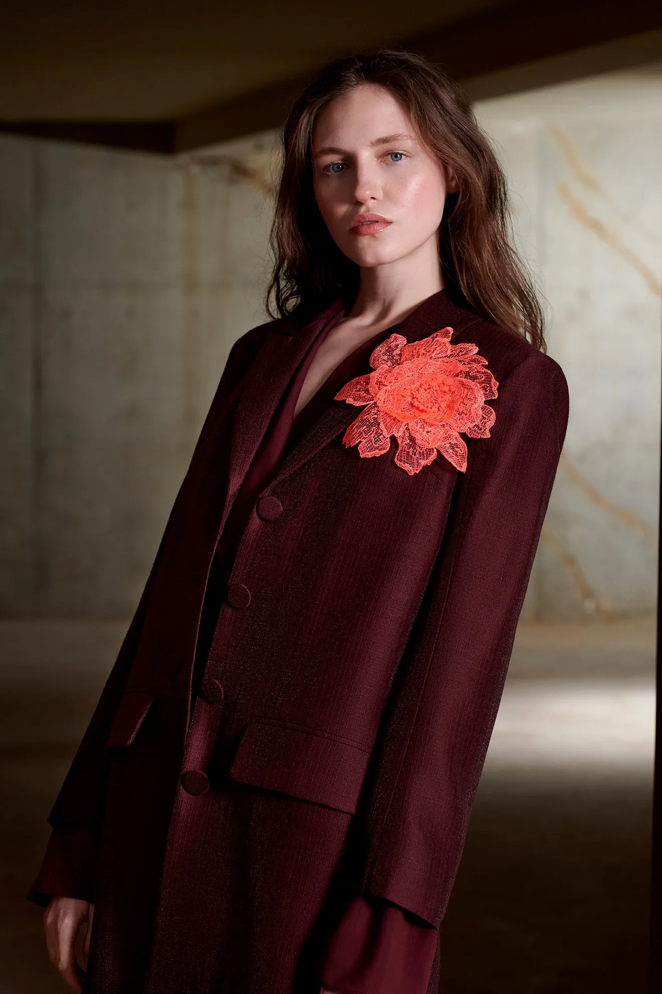 Tailored Day Coat in Claret Lurex Suiting