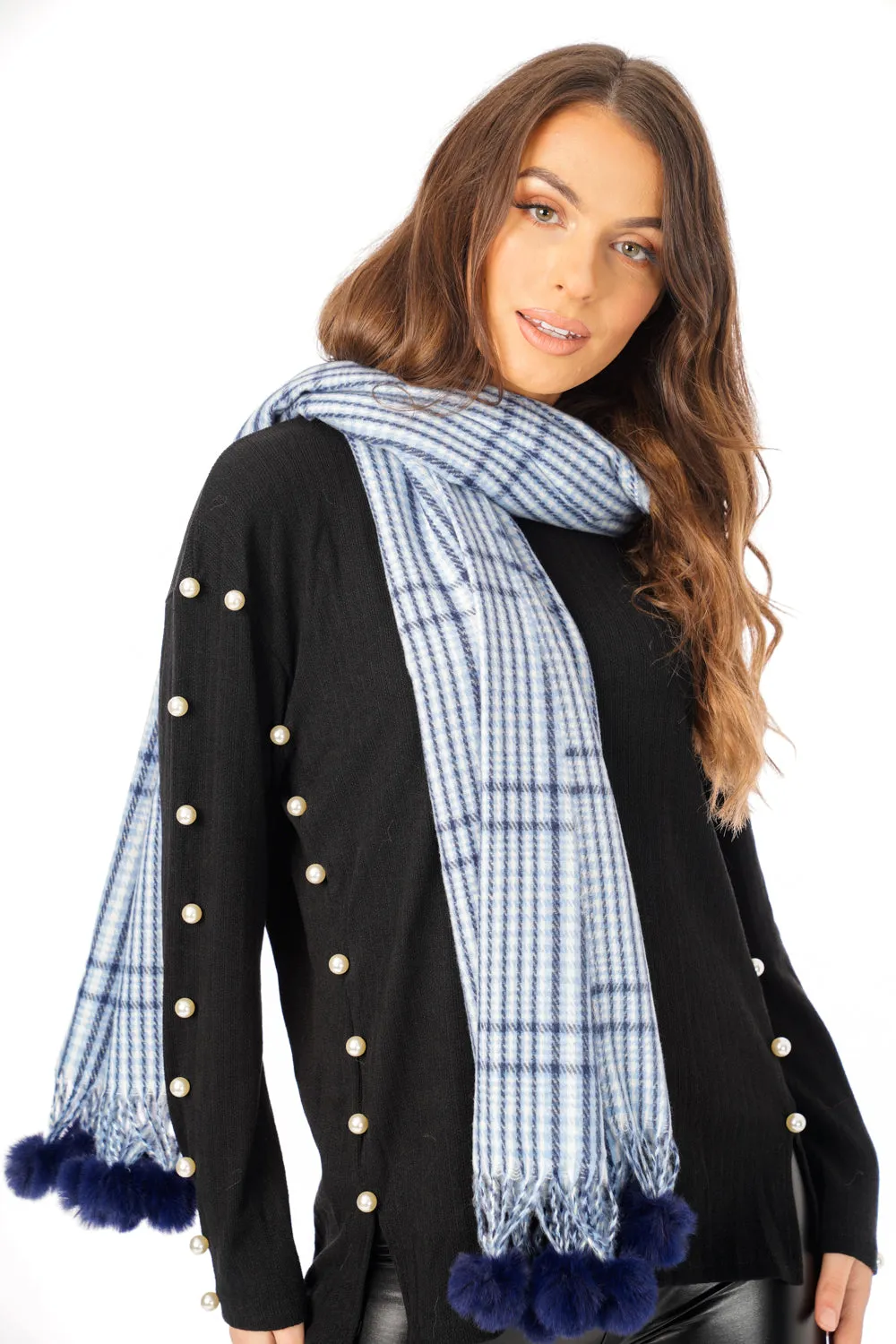 Tartan Print Woolly Scarf with Faux Fur Pom Pom