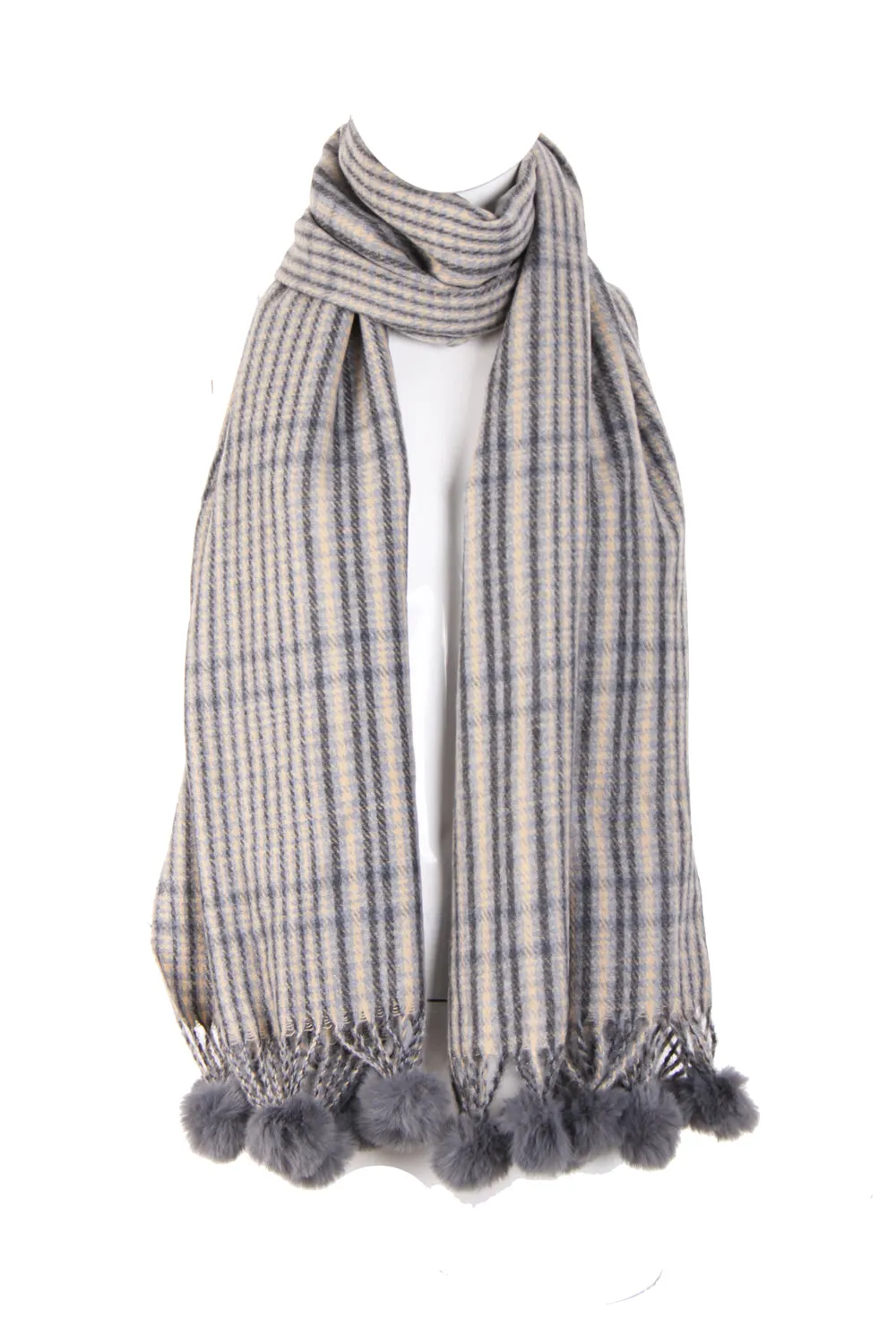 Tartan Print Woolly Scarf with Faux Fur Pom Pom