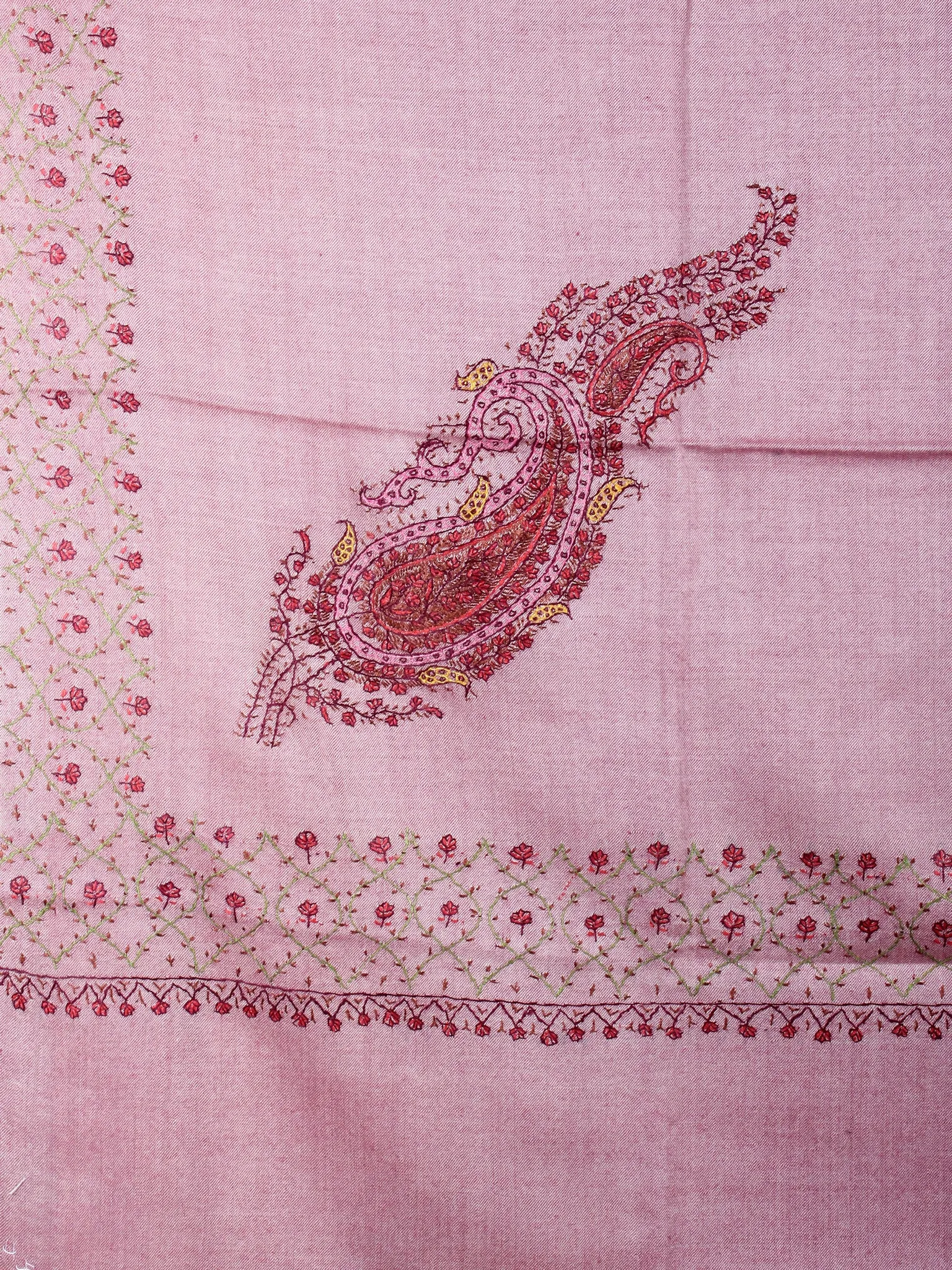 Thulian Pink Brown Red Pure Wool Jalidour Koundar Cashmere Shawl From Kashmir - S200405