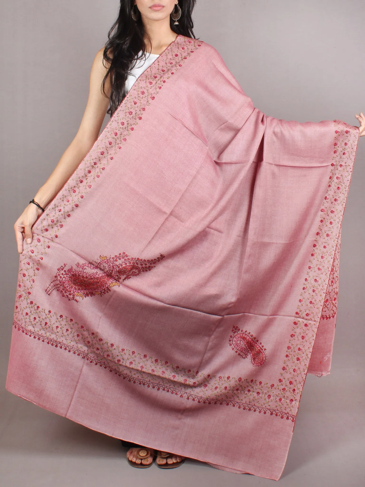 Thulian Pink Brown Red Pure Wool Jalidour Koundar Cashmere Shawl From Kashmir - S200405