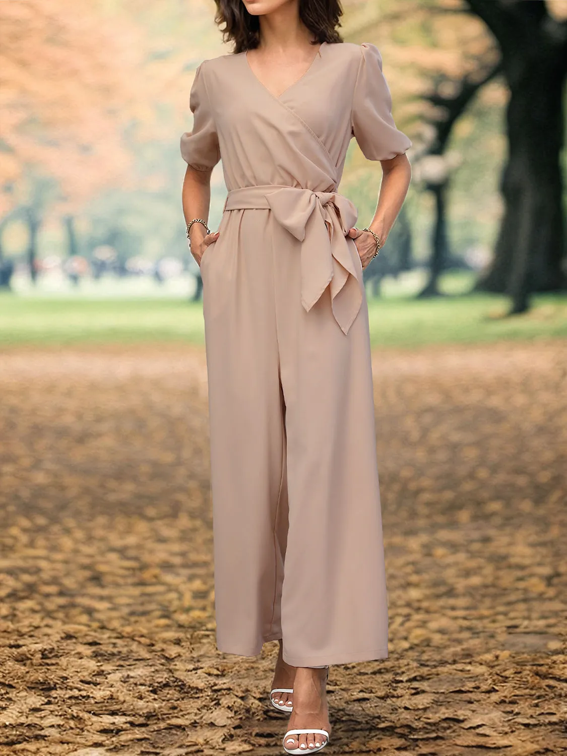 Tied Short Sleeve Wide Leg Jumpsuit - Stylish & Comfortable