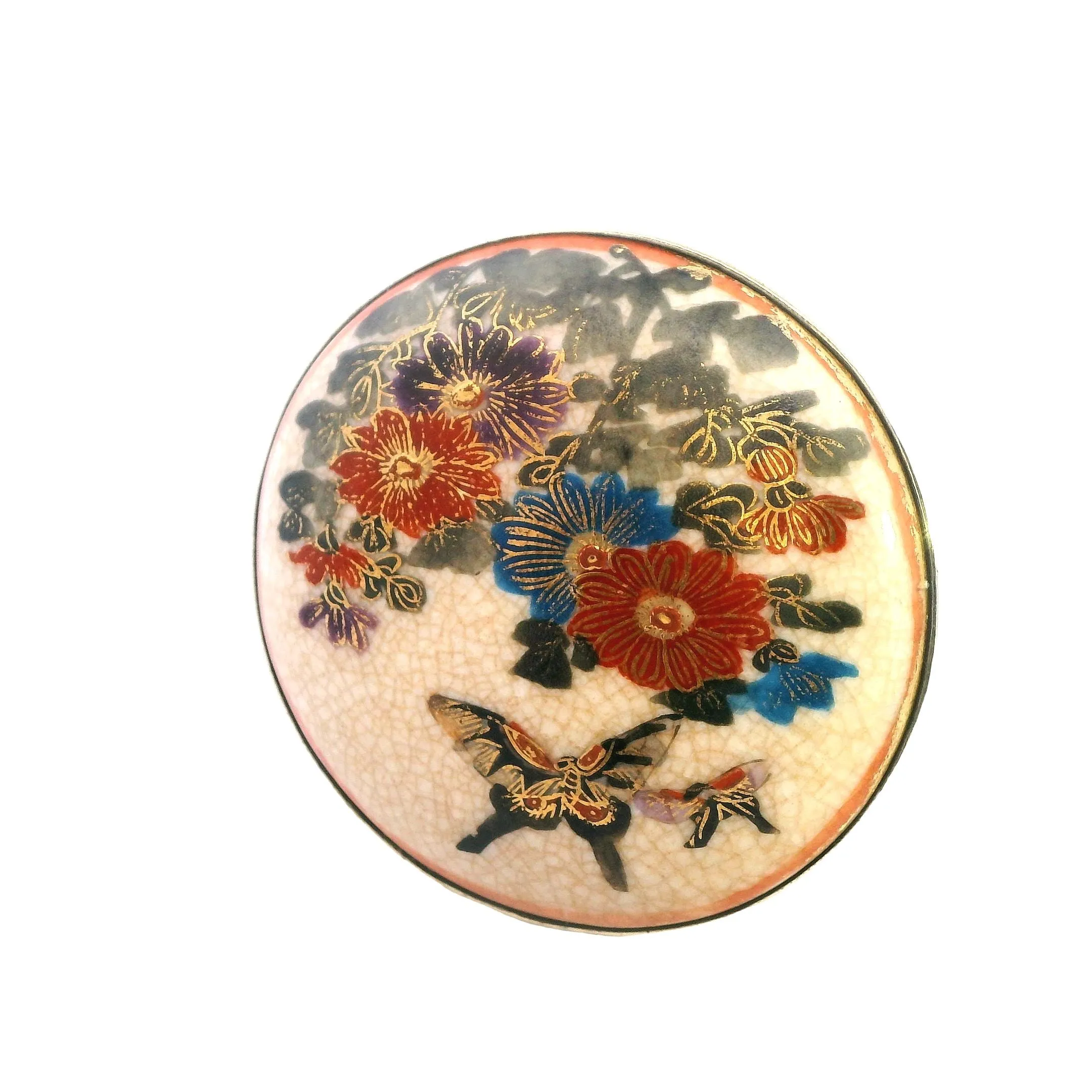 Vintage Elegance: Satsuma Gold-Plated Hand-Painted Porcelain Brooch