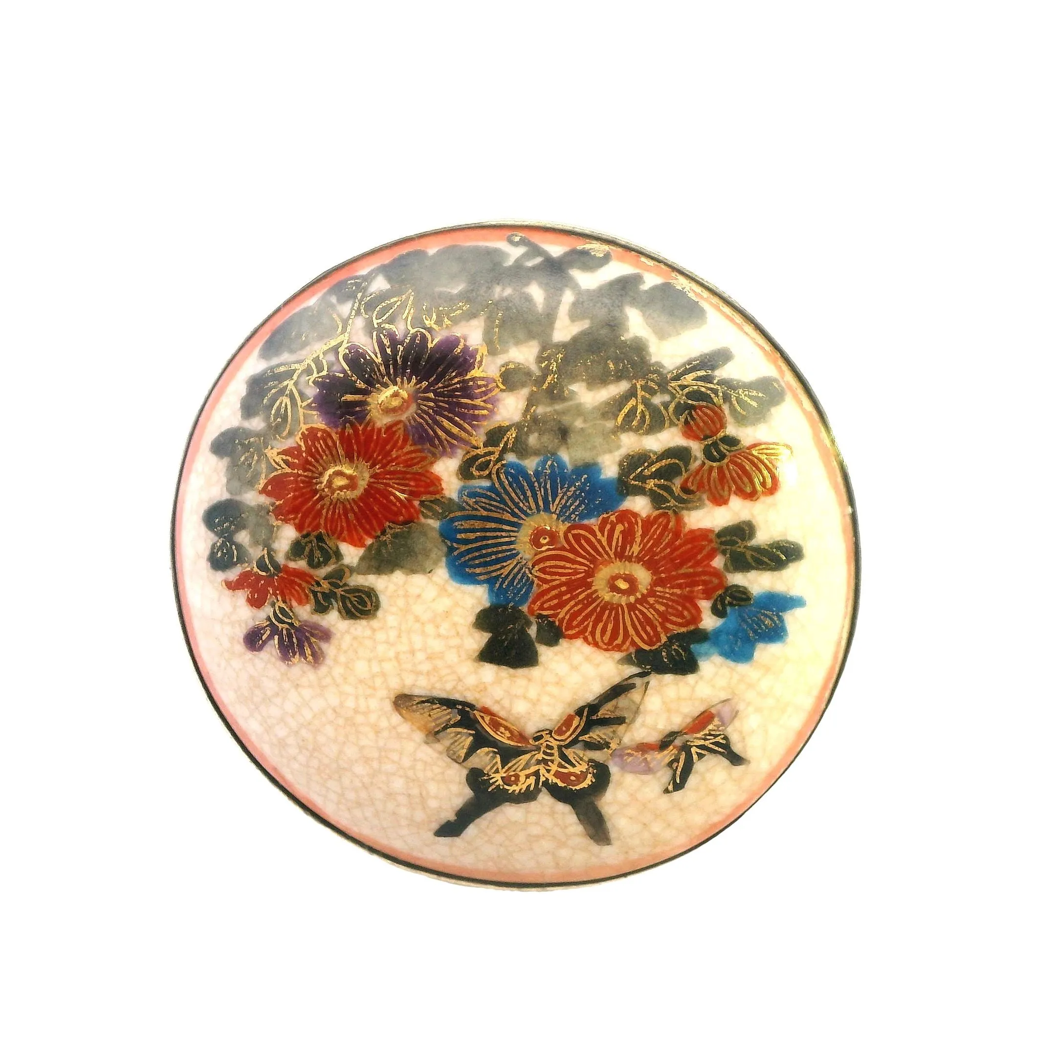 Vintage Elegance: Satsuma Gold-Plated Hand-Painted Porcelain Brooch