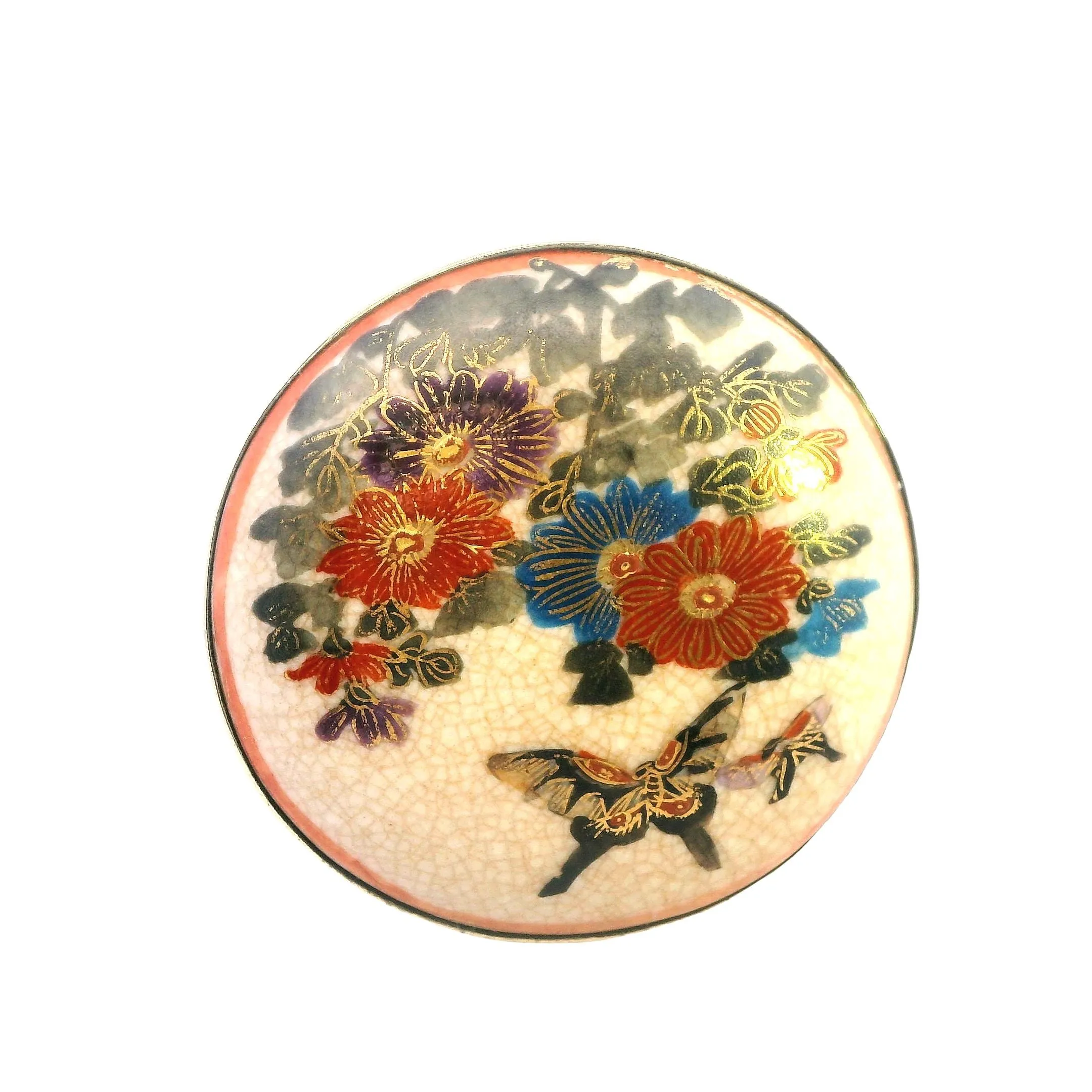 Vintage Elegance: Satsuma Gold-Plated Hand-Painted Porcelain Brooch