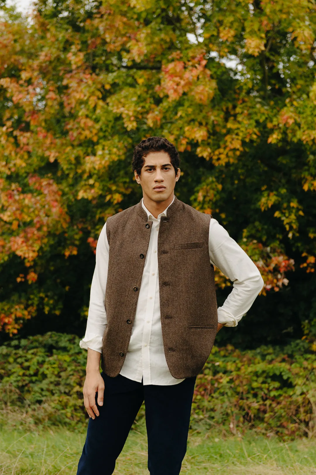 Walnut Herringbone Nehru Waistcoat