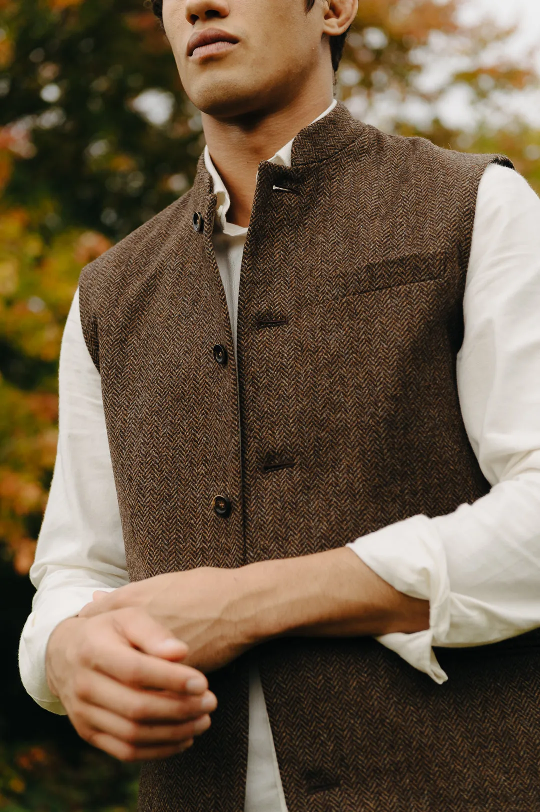 Walnut Herringbone Nehru Waistcoat