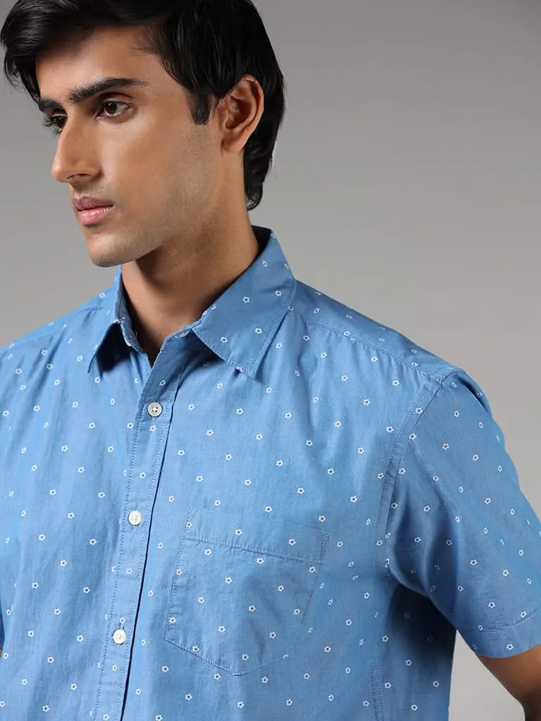 WES Casuals Blue Floral Printed Cotton Relaxed-Fit Shirt