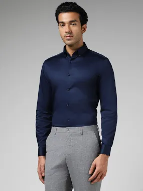 WES Formals Solid Navy Cotton Blend Slim-Fit Shirt