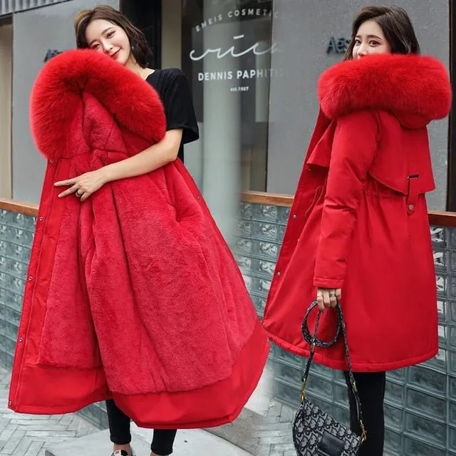 Winter Jacket Women Parka Clothes Long Coat Wool Liner Hooded Jacket Fur Collar Thick Warm Snow Wear Padded Parka 6XL