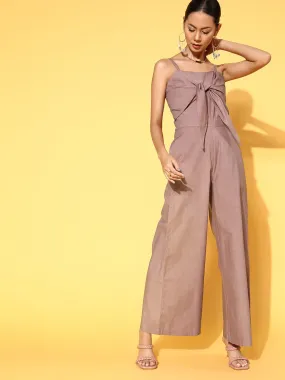 Women Brown Front Tie Up Tencel Jumpsuit