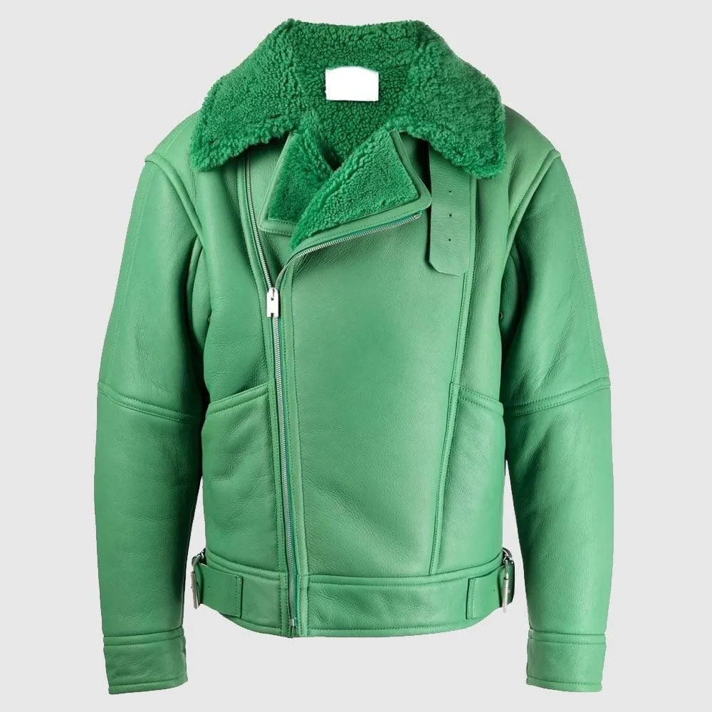 Womens Biker Green Shearling Fur Leather Jacket